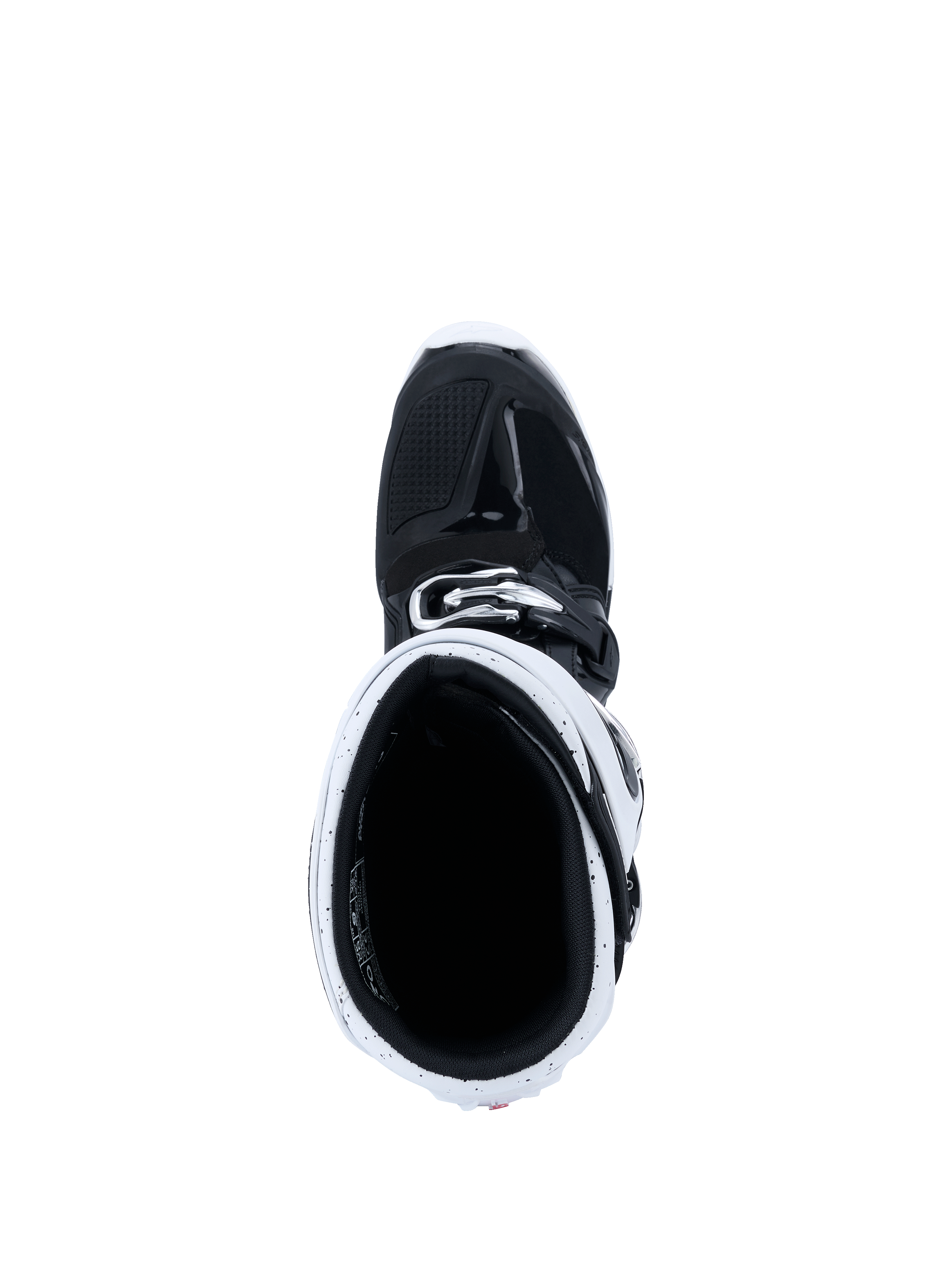 Bottes Alpinestars 2026 Tech 7 Enduro, bottes de motocross, noir et blanc, vue de dessus montrant la guêtre blanche et l'intérieur noir de la botte, équipement spécialisé pour le tout-terrain et l'enduro