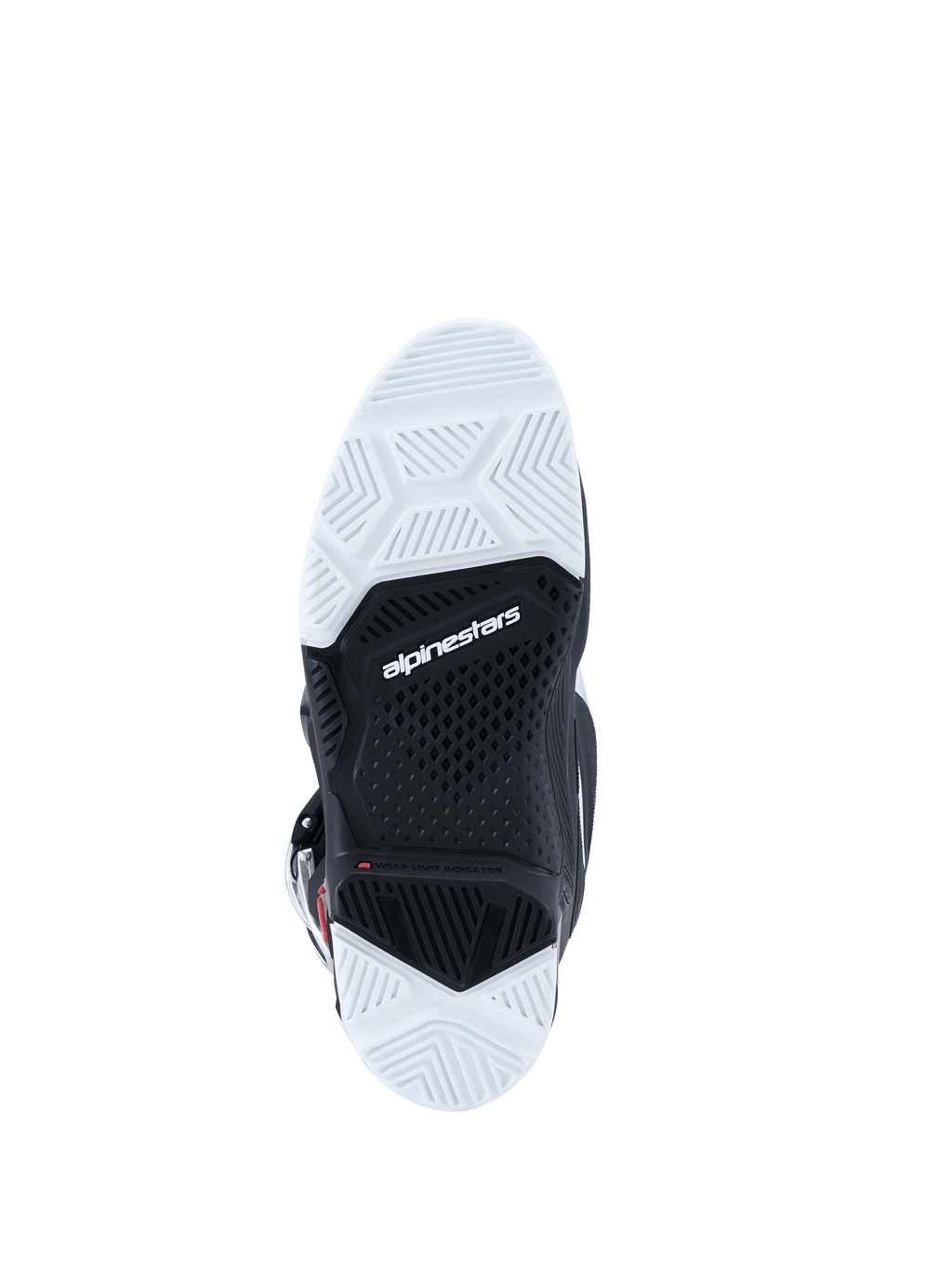 Bottes Alpinestars Tech 7 Enduro 2026, vue de dessous de la semelle extérieure, semelle à double composé noire et blanche avec motif de crampons texturé, logo Alpinestars au centre, conçue pour la durabilité et l'adhérence sur terrains tout-terrain