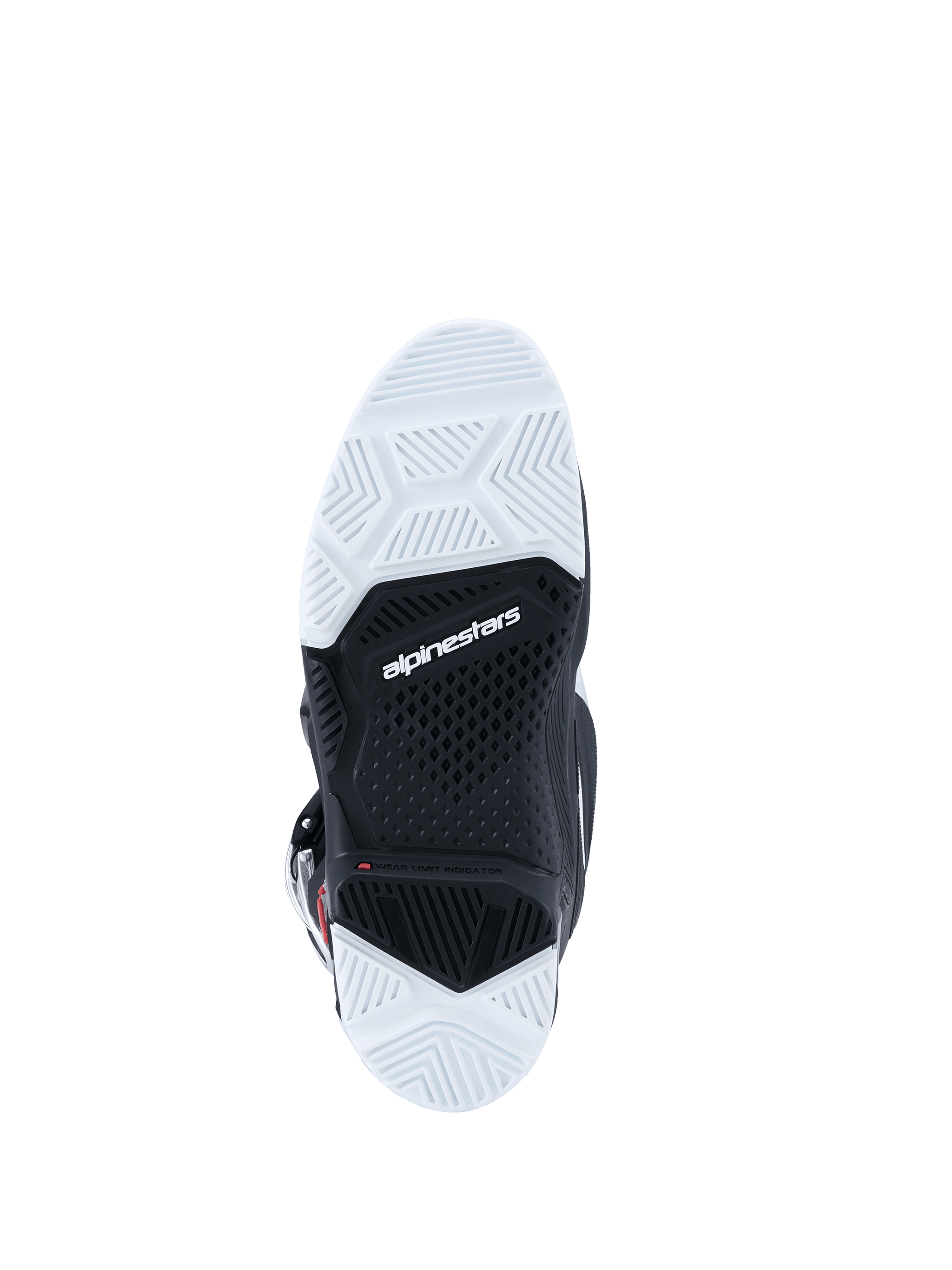 Alpinestars 2026 Tech 7 Enduro Stiefel, Unteransicht der Außensohle, schwarz-weiße Dual-Compound-Sohle mit strukturiertem Profil, Alpinestars-Logo in der Mitte, konzipiert für Strapazierfähigkeit und Grip in Offroad-Gelände