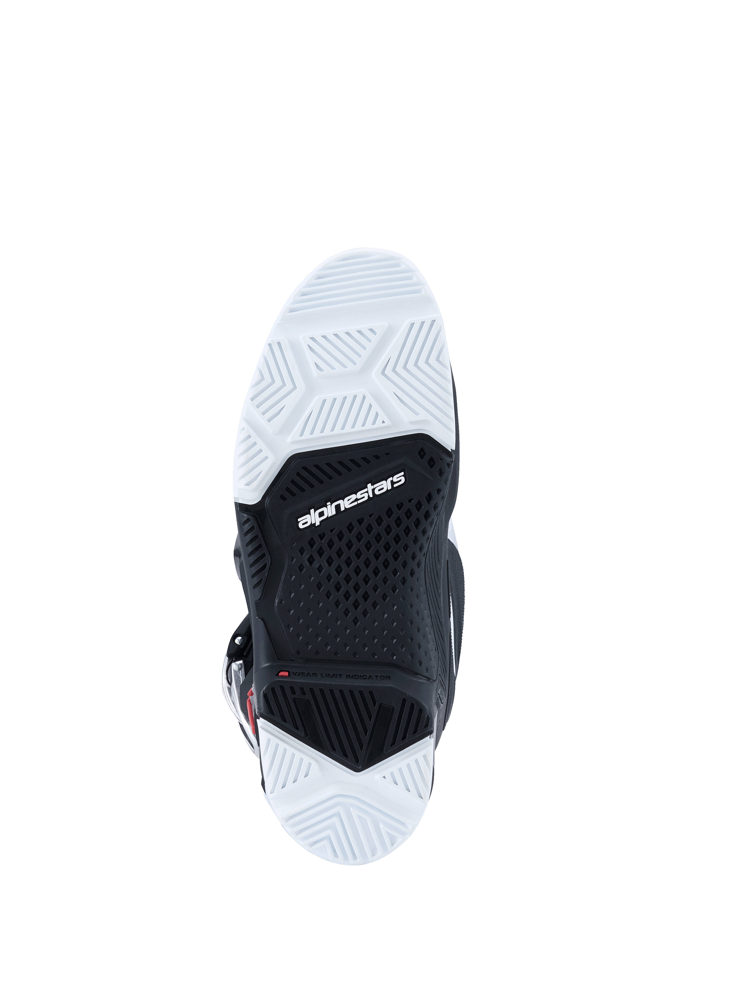 Bottes Alpinestars Tech 7 Enduro 2026, vue de dessous de la semelle extérieure, semelle à double composé noire et blanche avec motif de crampons texturé, logo Alpinestars au centre, conçue pour la durabilité et l'adhérence sur terrains tout-terrain