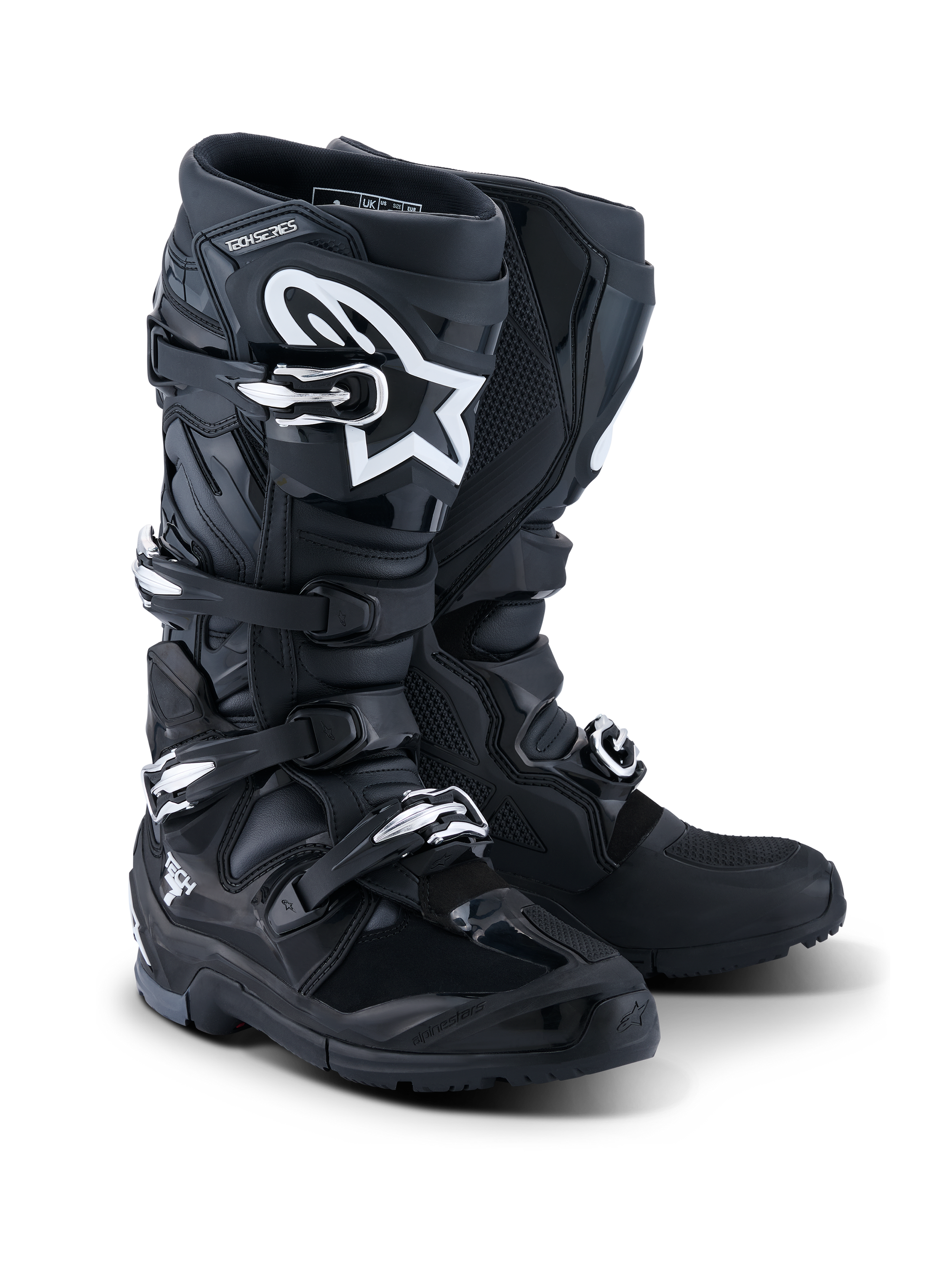 Alpinestars 2026 Tech 7 Enduro-laarzen, motorlaarzen, zwart, antraciet en wit, voorzien van een sluitingssysteem met vier gespen, wit A-star-logo op de scheenplaat, robuuste dual-compound zool voor off-road tractie