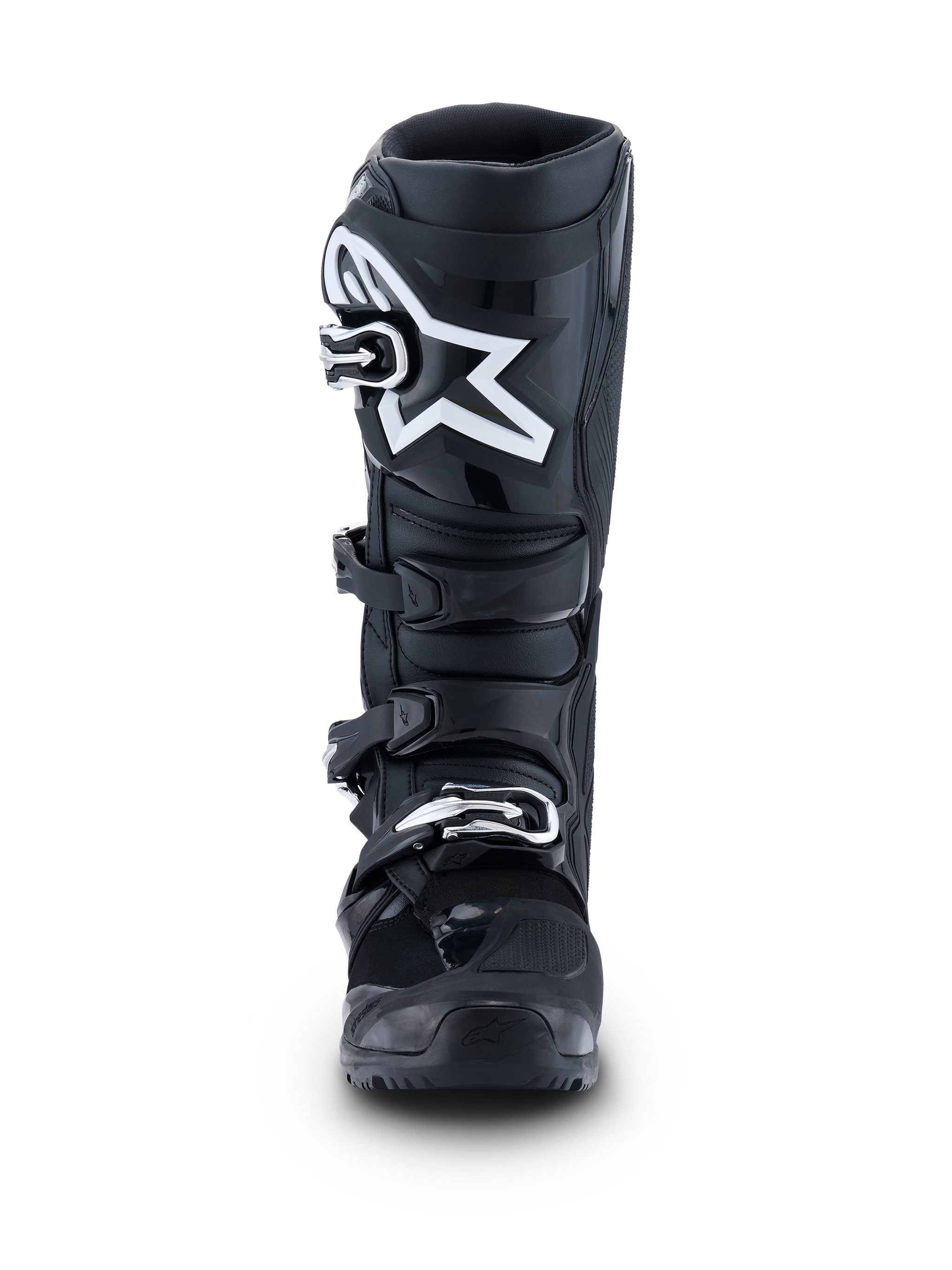Alpinestars 2026 Tech 7 Enduro laarzen, Black Anthracite White, vooraanzicht met een prominent wit sterlogo op de scheenplaat, snelsluitingssysteem met vier gespen en versterkte beschermende structuur voor enduro- en off-road rijden