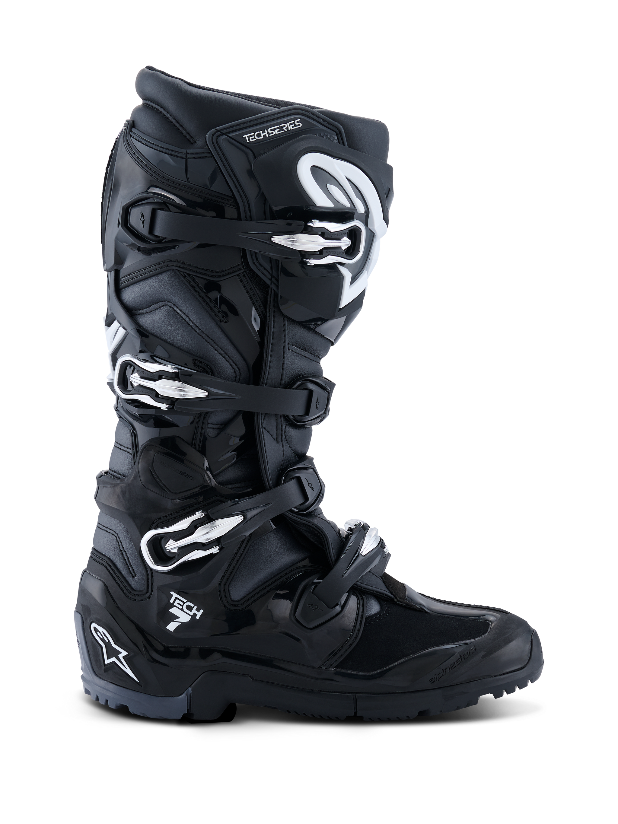 Alpinestars 2026 Tech 7 Enduro laarzen, zwart, antraciet en wit, gespecialiseerde off-road motorlaarzen met een sluitsysteem met vier gespen, duurzaam PU-versterkt microfiber bovenwerk en een robuuste profielzool voor enduro-terrein, strak ontwerp met prominente Tech 7-branding op de hiel.