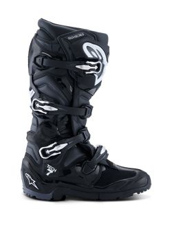 Bottes Alpinestars Tech 7 Enduro 2026, Noir Anthracite Blanc, bottes de moto tout-terrain spécialisées avec fermeture à quatre boucles, tige en microfibre renforcée de PU et semelle à crampons pour l'enduro, design technique avec logo Tech 7 sur le talon