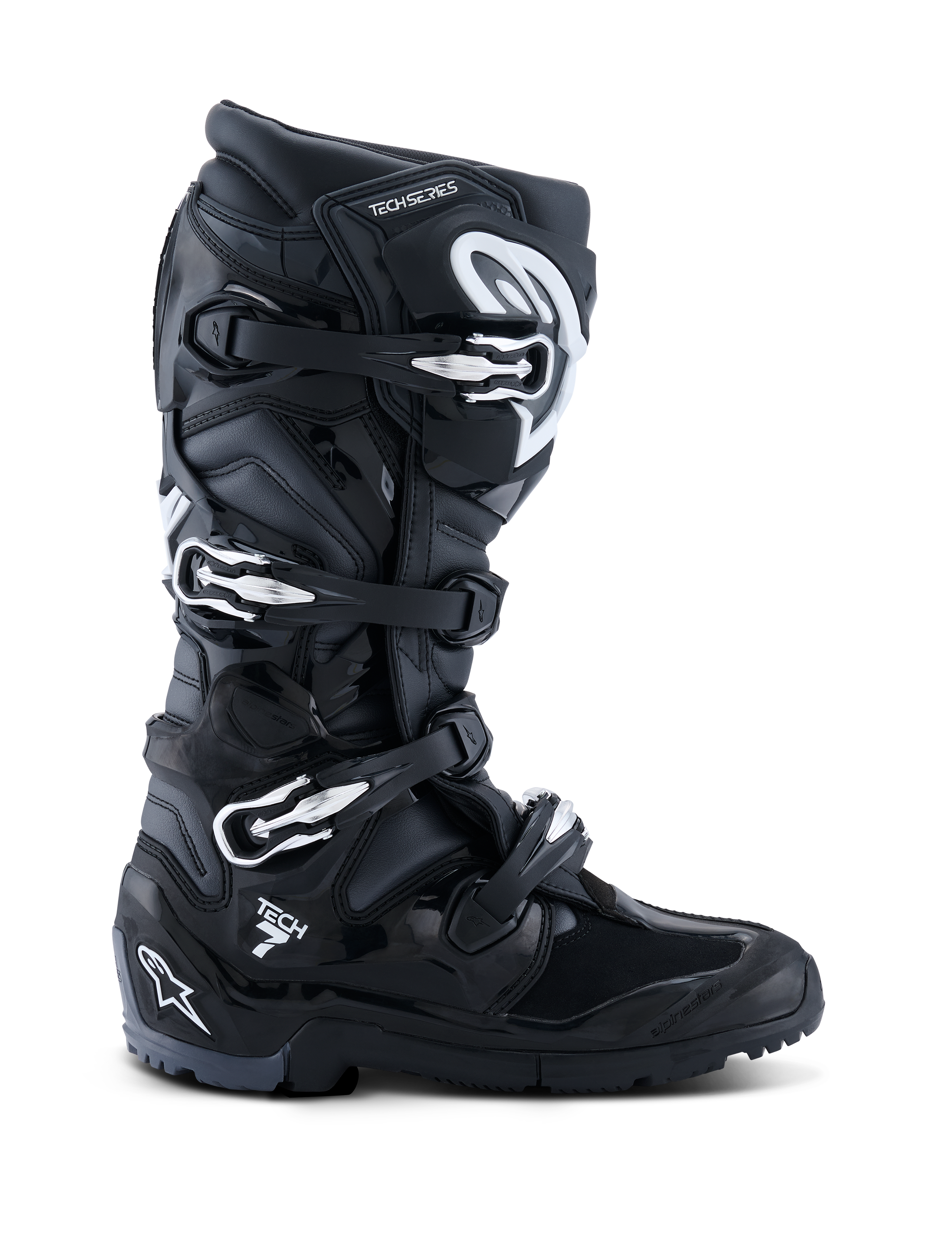 Alpinestars 2026 Tech 7 Enduro Stiefel, Schwarz Anthrazit Weiß, spezialisierte Offroad-Motorradstiefel, Vier-Schnallen-Verschlusssystem, strapazierfähiges PU-verstärktes Mikrofaser-Obermaterial, robuste Profilsohle für Enduro-Gelände, markantes Tech 7 Logo an der Ferse