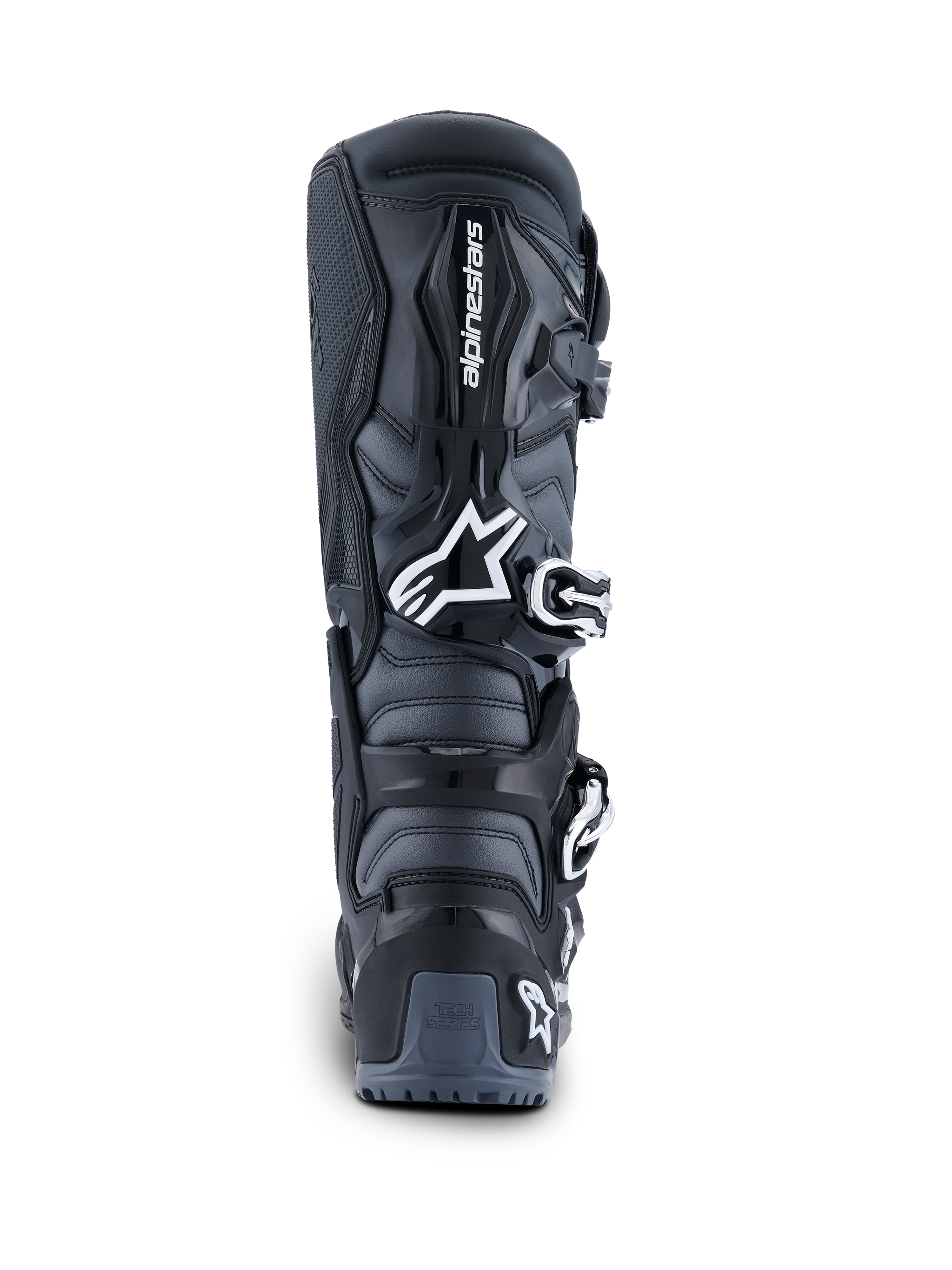 Alpinestars 2026 Tech 7 Enduro Stiefel, Rückansicht, Schwarz Anthrazit und Weiß, Offroad-Motorradstiefel mit weißem Astar-Logo, Schnallenverschlusssystem und TPU-Fersenschutz