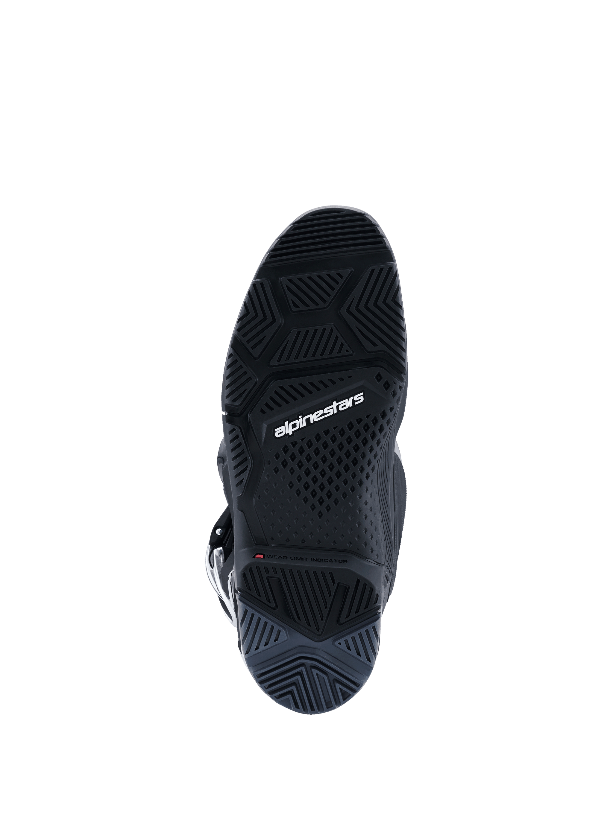 Alpinestars 2026 Tech 7 Enduro laarzen, Black Anthracite White, onderaanzicht van de gespecialiseerde Enduro-spec dual compound zool, complex profielpatroon voor off-road tractie, witte Alpinestars-branding en slijtage-indicator