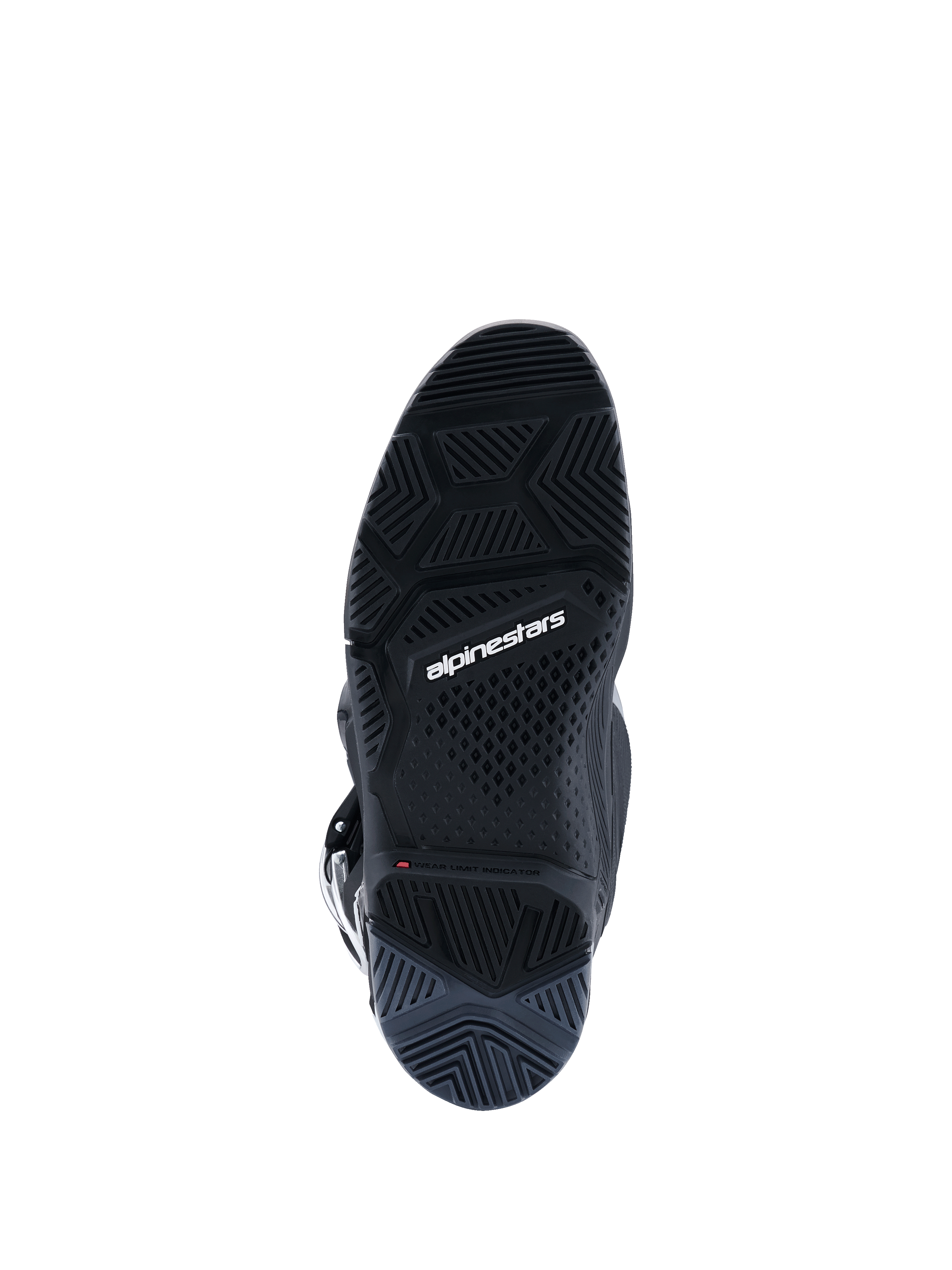 Alpinestars 2026 Tech 7 Enduro Stiefel, Schwarz Anthrazit Weiß, Unteransicht der spezialisierten Enduro-spezifischen Dual-Compound-Sohle, detailliertes Profilmuster für Offroad-Traktion, weißes Alpinestars-Branding und Verschleißgrenzen-Anzeige