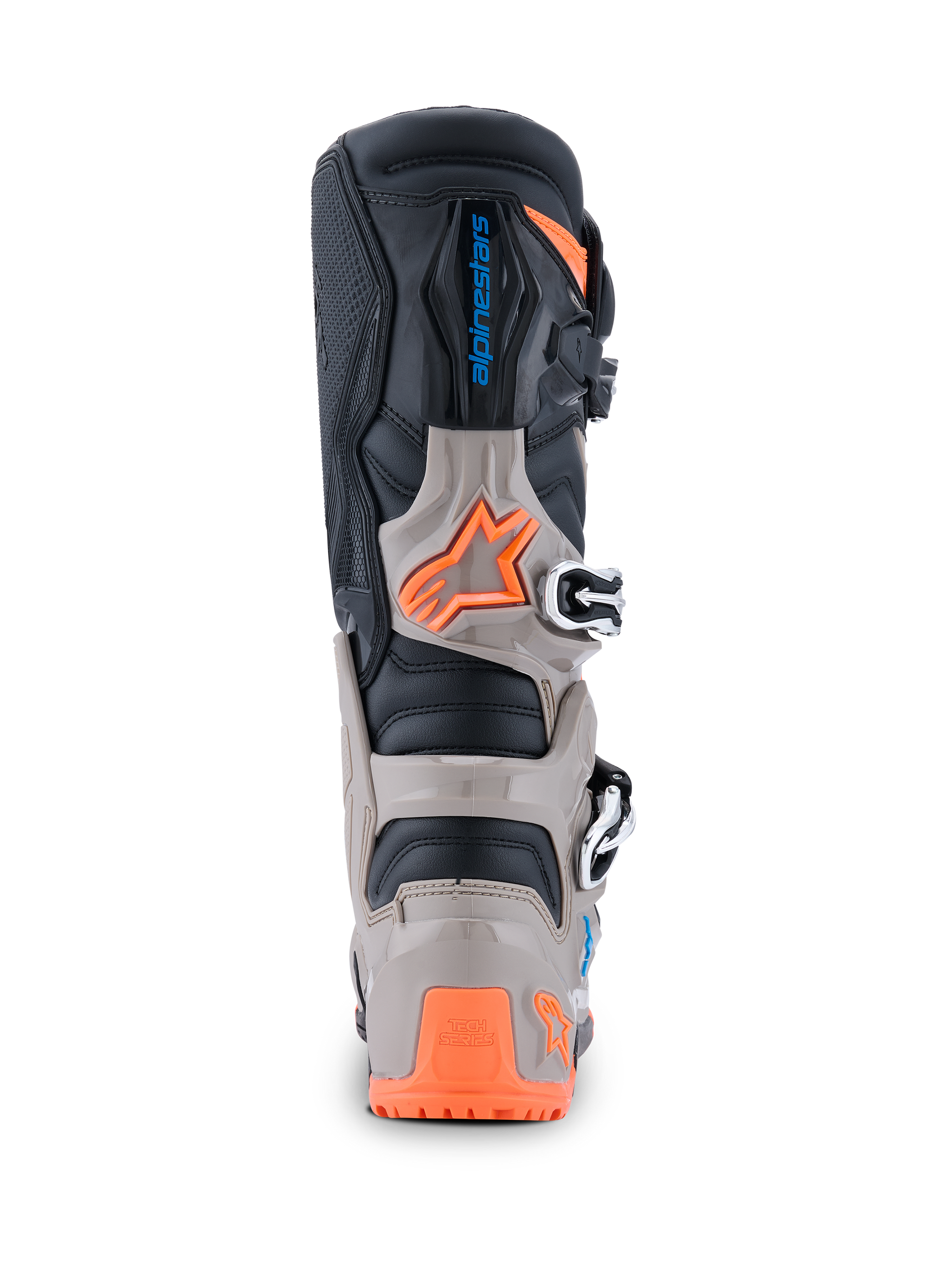 Alpinestars 2026 Tech 7 Enduro Stiefel, Rückansicht, Schwarz, Warmgrau und Leuchtorange, mit TPU-Schutz, Alpinestars-Branding und sicherem Schnallensystem für Geländefahrten