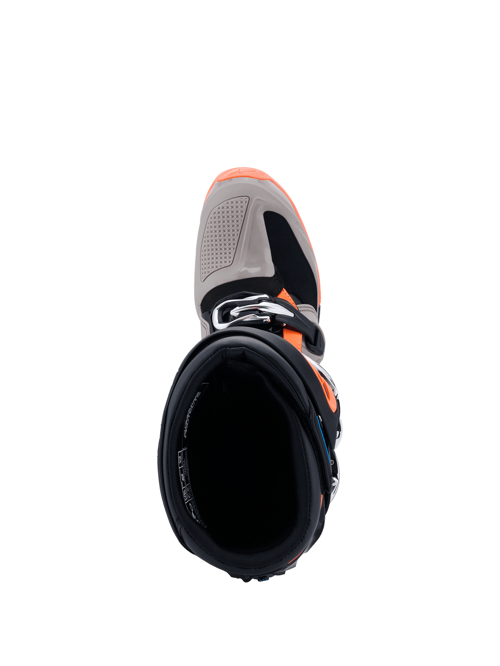 Alpinestars 2026 Tech 7 Enduro Boots, top-down view looking into the boot opening, Black Warm Gray and Orange Fluo, showing the buckle closure and reinforced toe box, professional-grade off-road motorcycle footwear