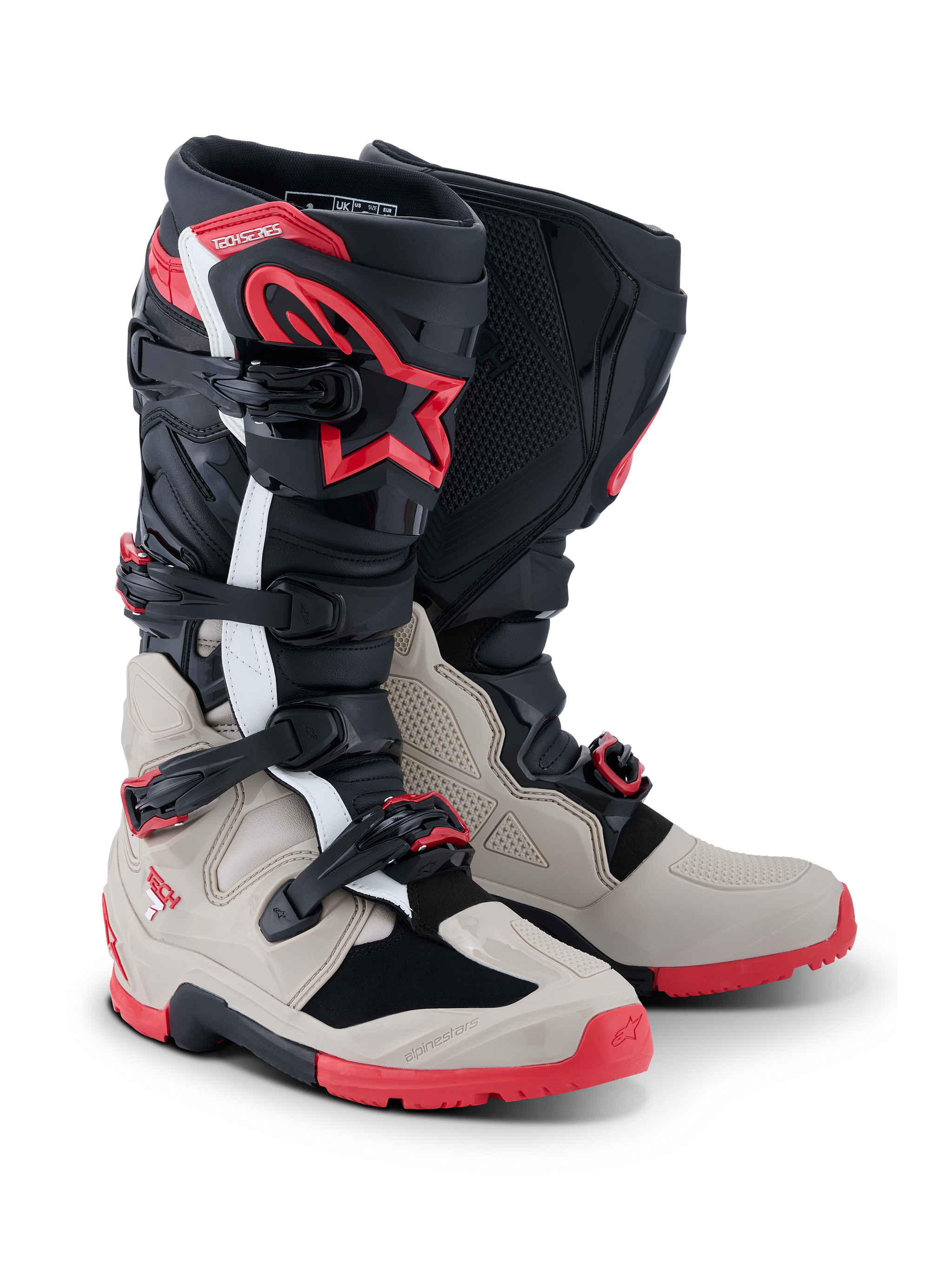 Alpinestars 2026 Tech 7 Enduro Stiefel, Motocross- und Enduro-Stiefel, Schwarz, Hellgrau und Hellrot, mit einem Vier-Schnallen-Verschlusssystem, TPU-Schienbeinschutz mit rotem Stern-Logo und einer robusten roten Sohle für Offroad-Performance