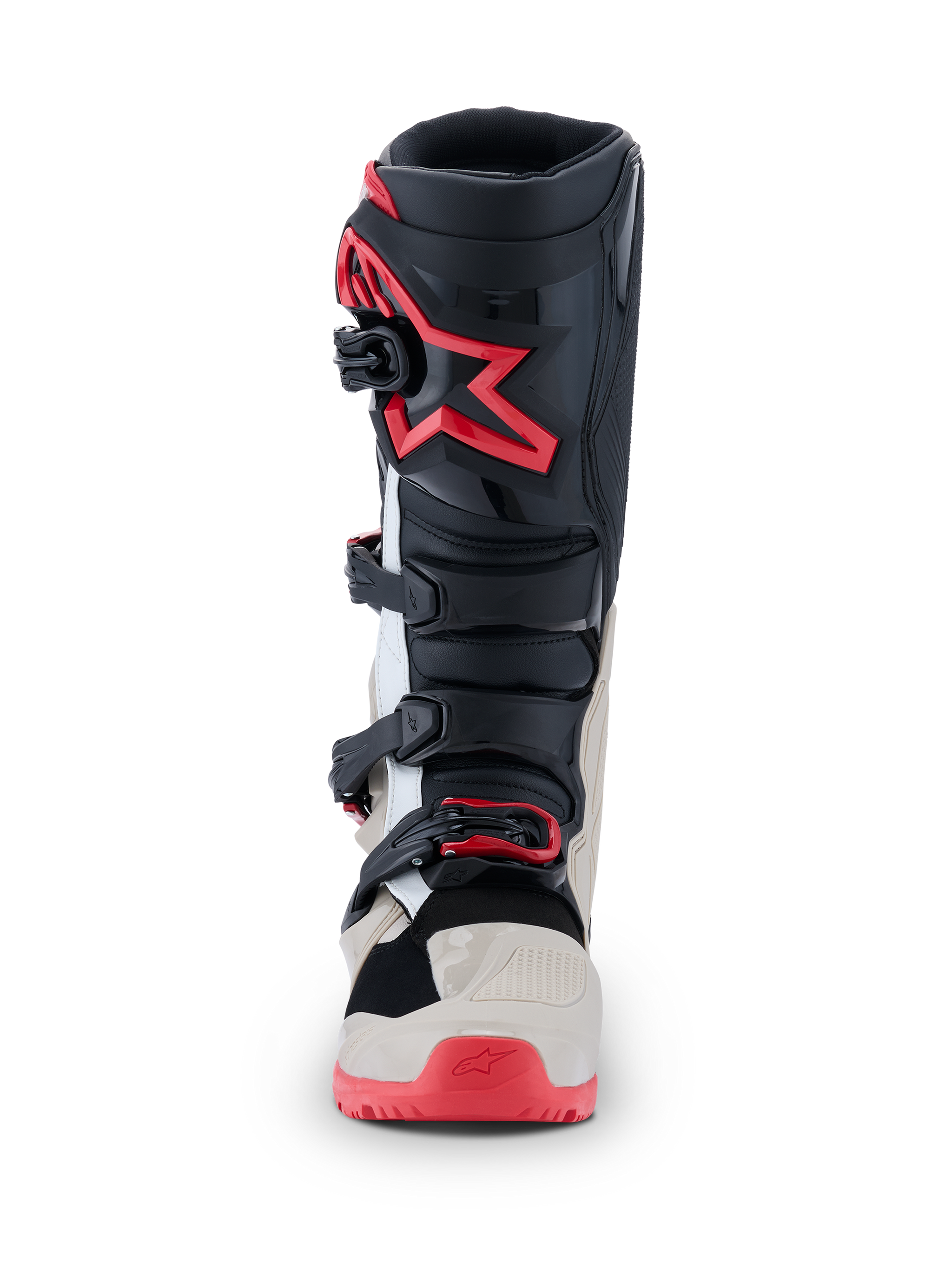 Alpinestars 2026 Tech 7 Enduro Stiefel, Motocross-Stiefel, Schwarz, Hellgrau und leuchtendes Rot, Vorderansicht mit Mehrfach-Schnallenverschlusssystem und rotem Stern-Logo auf dem Schienbein