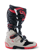 Alpinestars 2026 Tech 7 Enduro Boots, off-road motorcycle boots in Black, Light Gray, and Bright Red, side profile view showing the multi-buckle system and extensive TPU impact protection.