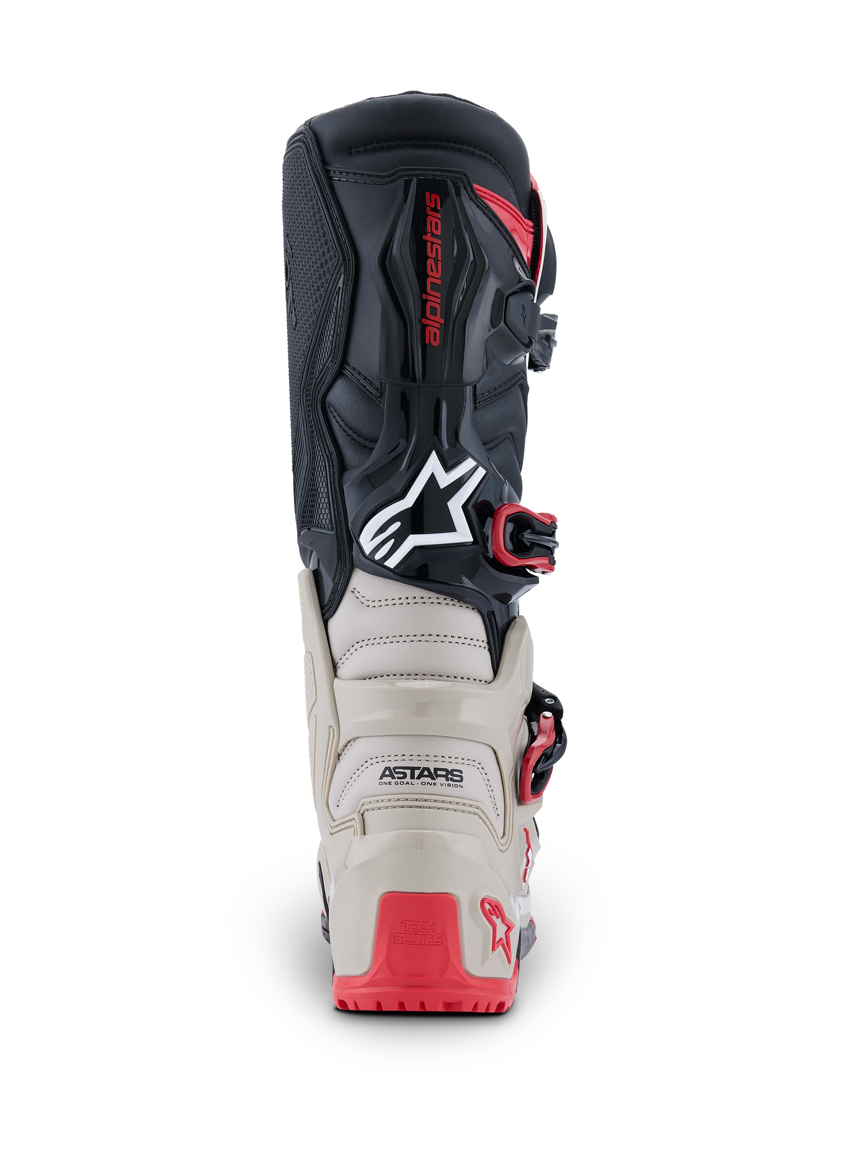 Alpinestars 2026 Tech 7 Enduro Boots, Rear View, Black Light Gray and Bright Red, featuring reinforced TPU protection on the heel and calf, white Astars logo, and red buckle accents, durable construction for off-road racing