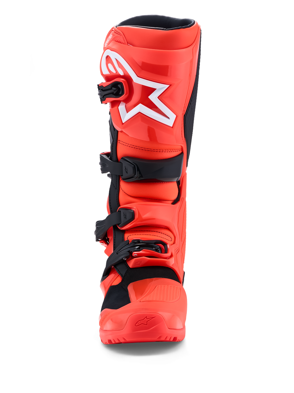 Alpinestars Tech 7 Enduro laarzen, fluorescerend rood en zwart, CE-gecertificeerde TPU-bescherming, vooraanzicht.