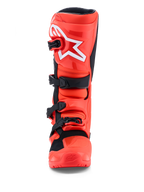 Alpinestars Tech 7 Enduro laarzen, fluorescerend rood en zwart, CE-gecertificeerde TPU-bescherming, vooraanzicht.