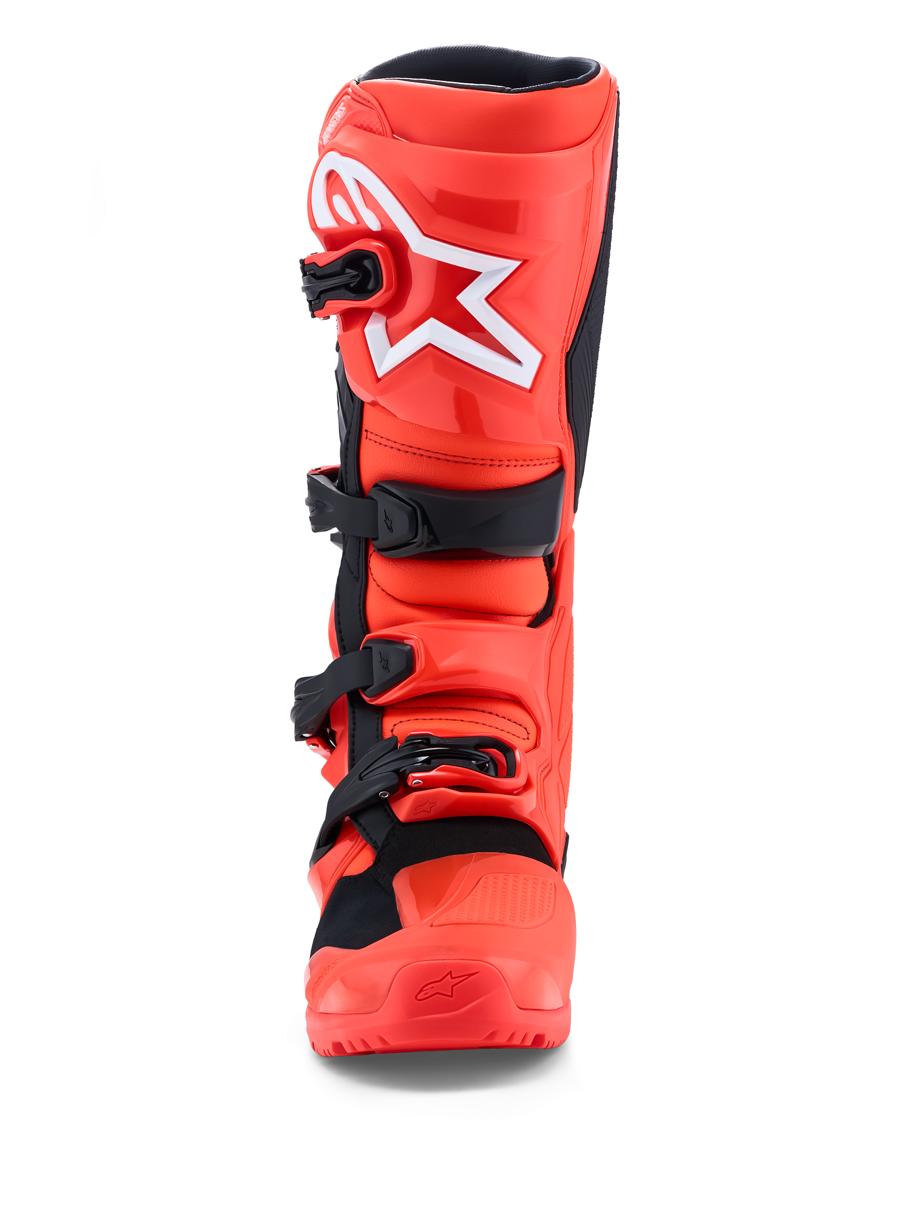 Alpinestars Tech 7 Enduro laarzen, fluorescerend rood en zwart, CE-gecertificeerde TPU-bescherming, vooraanzicht.