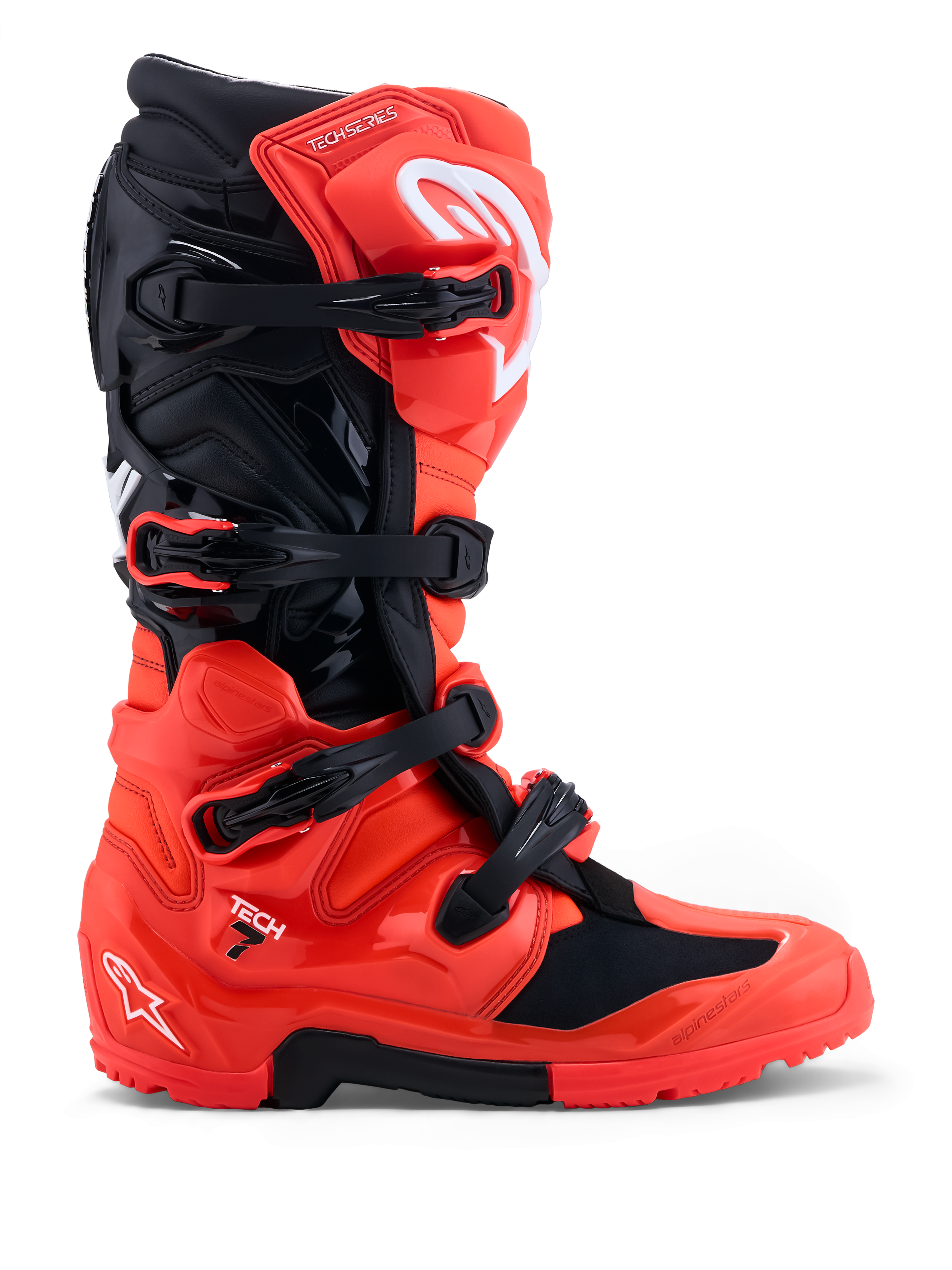 Alpinestars Tech 7 Enduro laarzen, rood en zwarte off-road motorlaarzen met TPU-bescherming en een dual-compound zool.