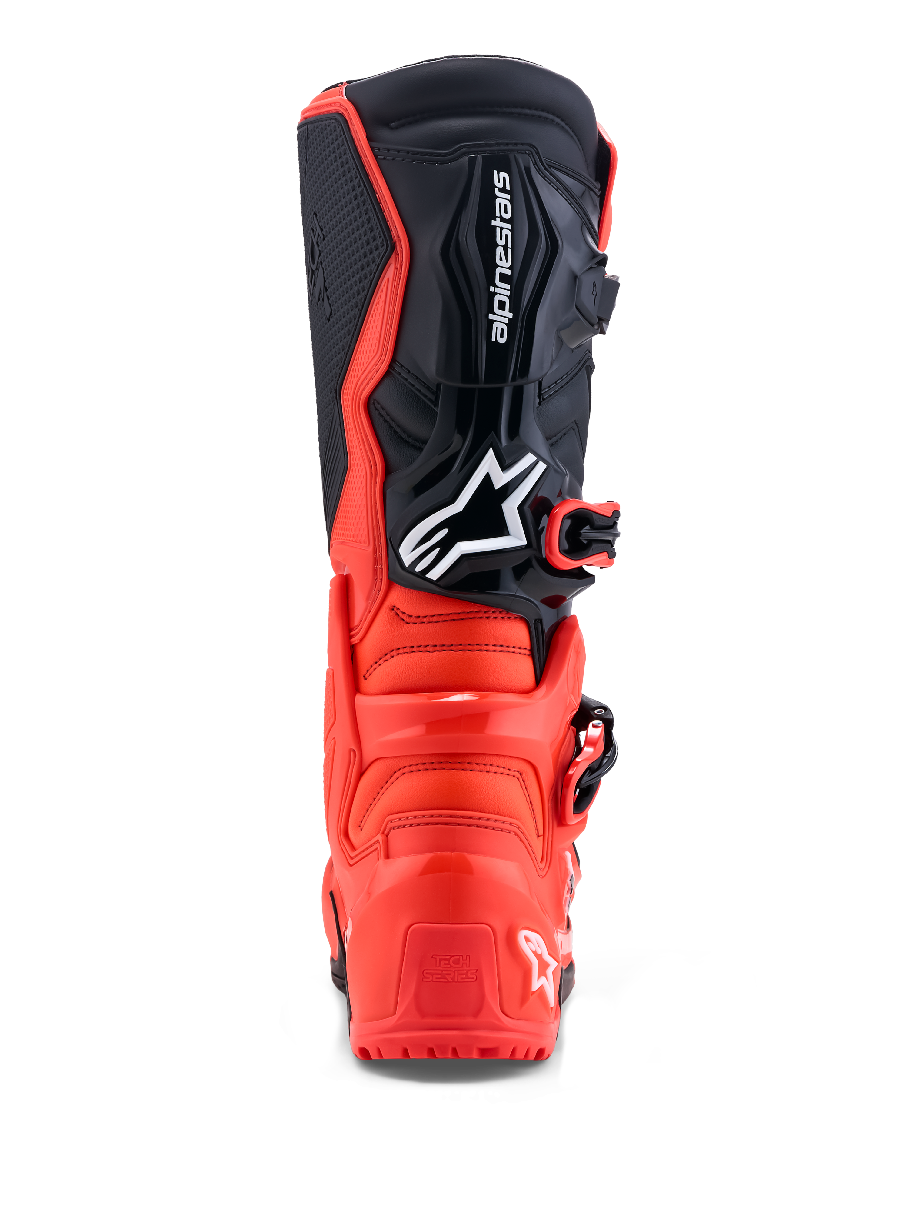 Alpinestars Tech 7 Enduro laarzen, off-road motorlaarzen in rood en zwart, achteraanzicht met TPU-versterking, CE-gecertificeerd.