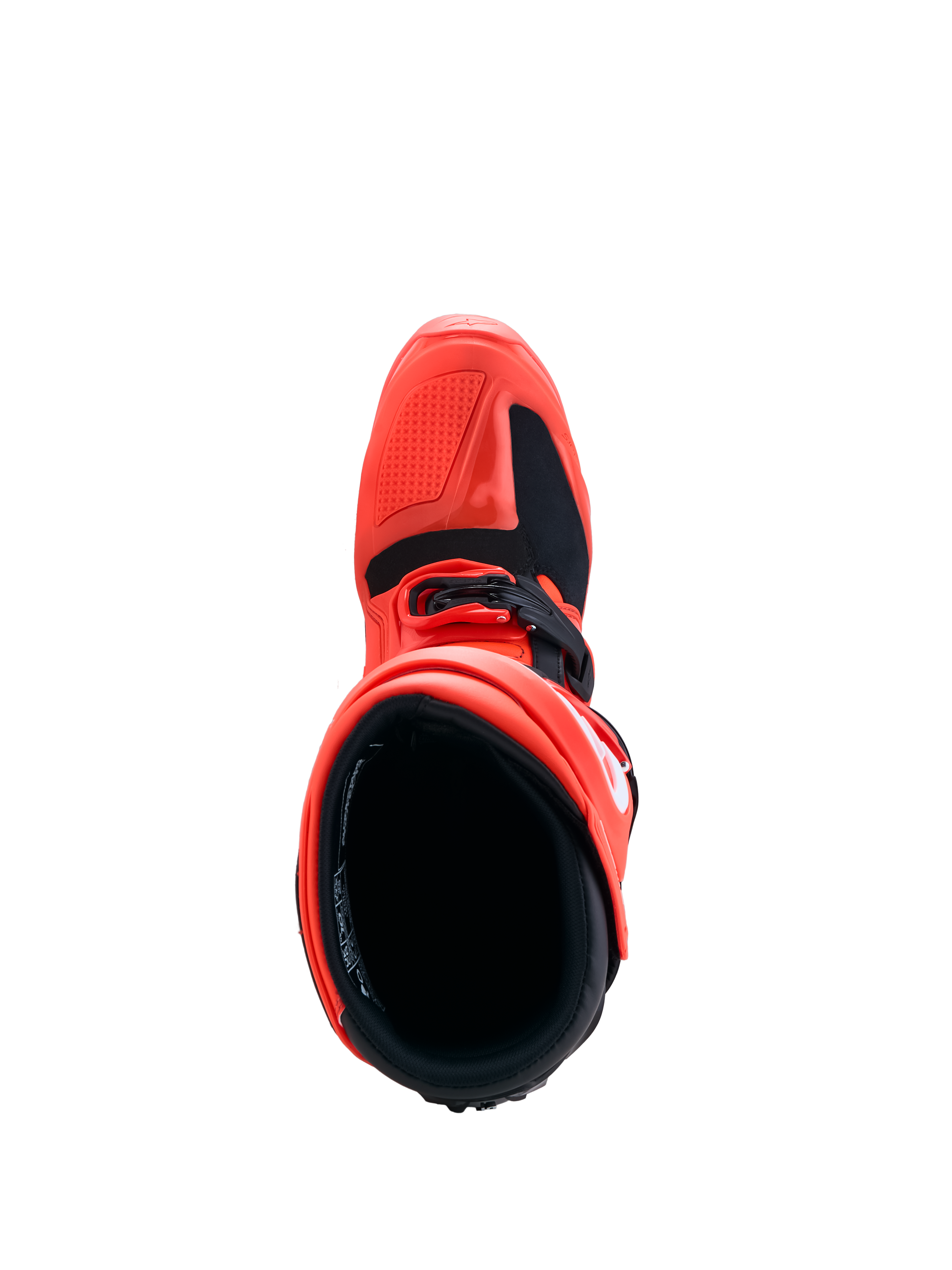 Alpinestars Tech 7 Enduro laarzen, rood en zwart, bovenaanzicht van het TPU-chassis en de binnenvoering.