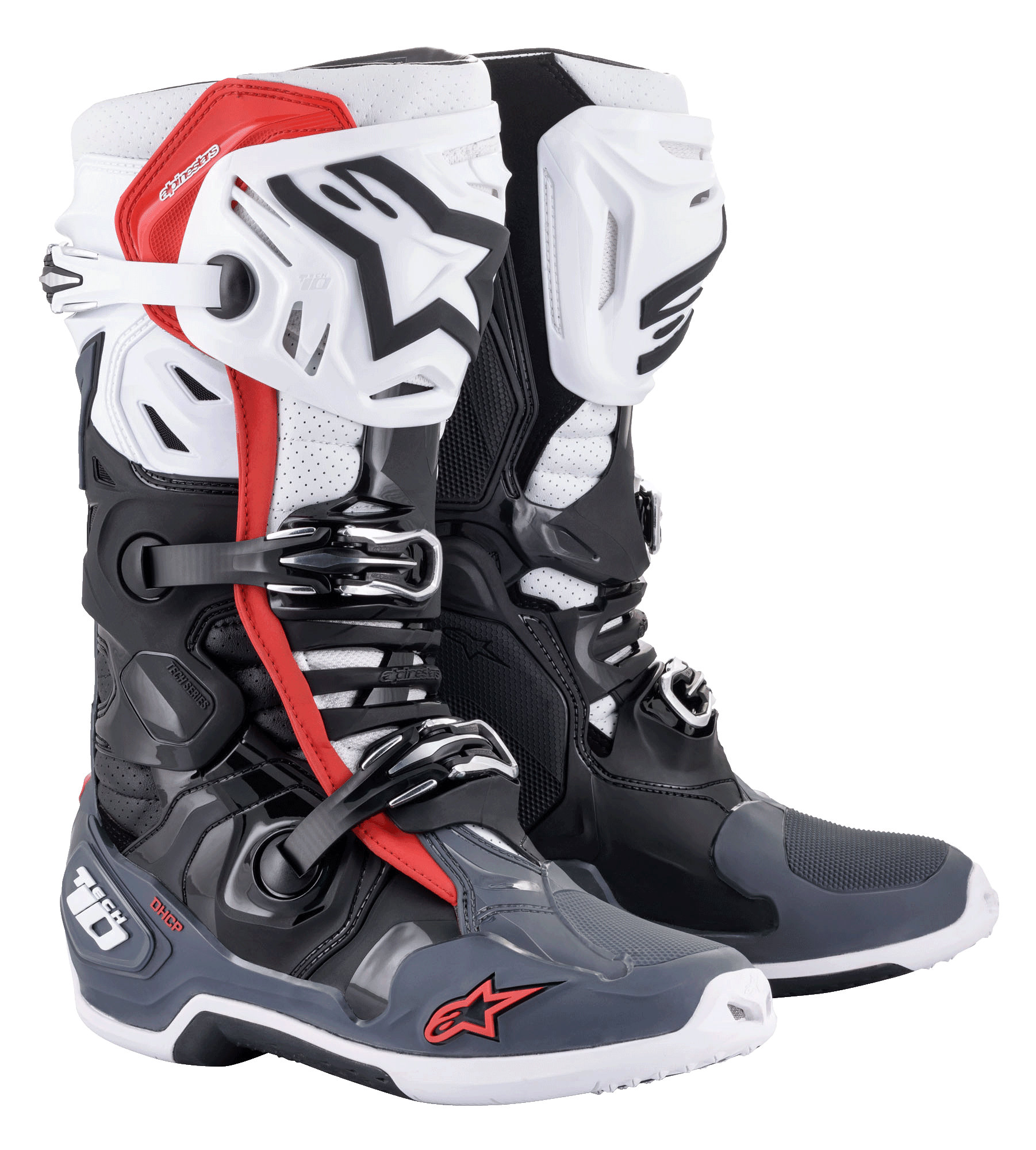 Alpinestars Tech 10 Supervented laarzen, motorcrosslaarzen, zwart, wit, grijs en rood, voorzien van geventileerde scheenplaten, geperforeerde microvezelconstructie voor luchtstroom, meervoudig gespsluitingssysteem en Alpinestars-branding op de neus en hiel.