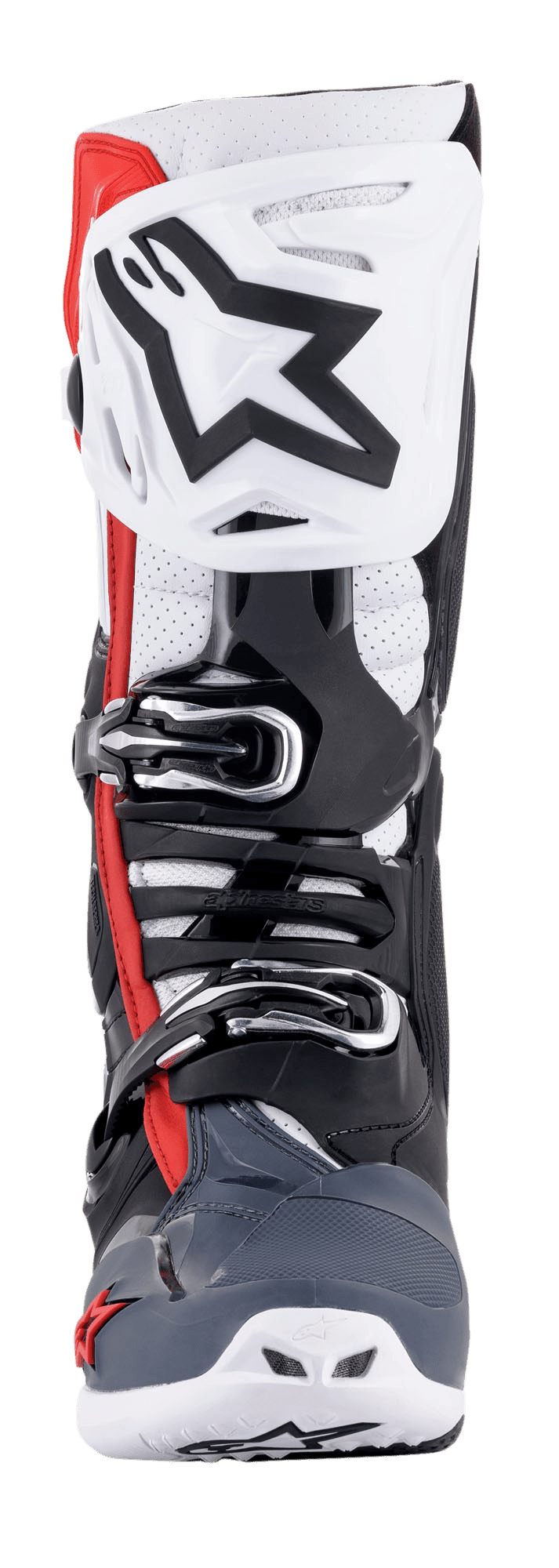 Alpinestars Tech 10 Supervented laarzen, vooraanzicht, zwart, wit, grijs en rood, met een geventileerde scheenplaat met groot zwart ster-logo, micro-verstelbaar gespsysteem, geperforeerde zones voor luchtstroom en een duurzaam TPU-beschermingschassis voor motorcross.