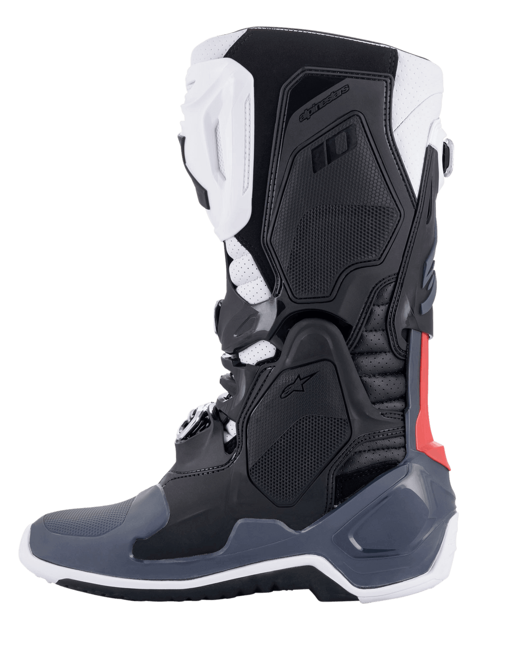 Alpinestars Tech 10 Supervented laarzen, motorcrosslaarzen, zwart, wit, grijs en rood, zijaanzicht, voorzien van geventileerde TPU-panelen, geperforeerde microvezelconstructie en een high-performance zool voor off-road rijden