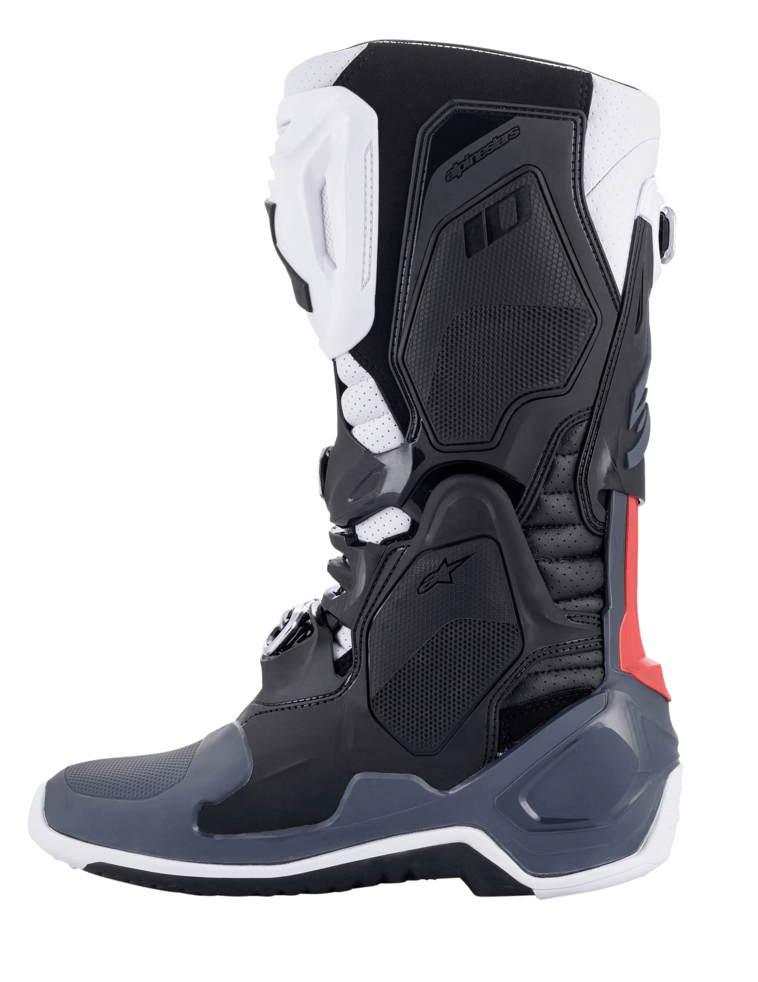 Alpinestars Tech 10 Supervented laarzen, motorcrosslaarzen, zwart, wit, grijs en rood, zijaanzicht, voorzien van geventileerde TPU-panelen, geperforeerde microvezelconstructie en een high-performance zool voor off-road rijden