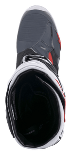 Alpinestars Tech 10 Supervented laarzen, motorcrosslaarzen, zwart, wit, grijs en rood, bovenaanzicht met zicht op de mesh binnenvoering en gewatteerde kraag, technisch ontwerp voor optimale luchtstroomprestaties