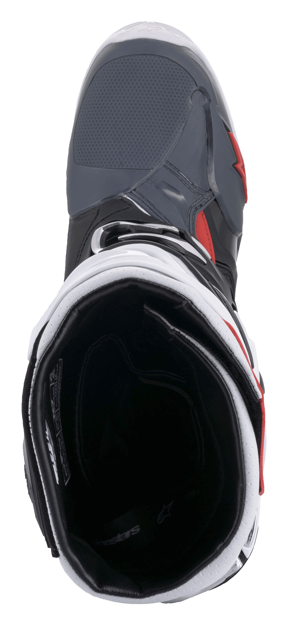 Alpinestars Tech 10 Supervented laarzen, motorcrosslaarzen, zwart, wit, grijs en rood, bovenaanzicht met zicht op de mesh binnenvoering en gewatteerde kraag, technisch ontwerp voor optimale luchtstroomprestaties