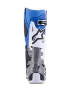 Alpinestars Tech 10 Supervented Boots, Motocross Boots, Black Enamel Blue Purple White, rear view featuring perforated microfiber for ventilation, blue and white upper with gray heel protection, high-performance off-road racing gear.