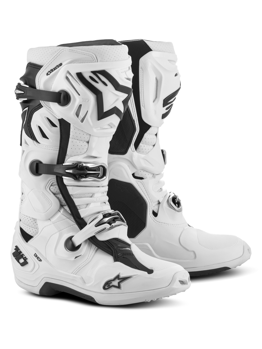 Alpinestars Tech 10 Supervented laarzen, motorcrosslaarzen, wit, met luchtinlaatpoorten aan de voorkant, een geventileerde scheenplaat en een verstelbaar gespsysteem, hoogwaardige off-road racelaarzen