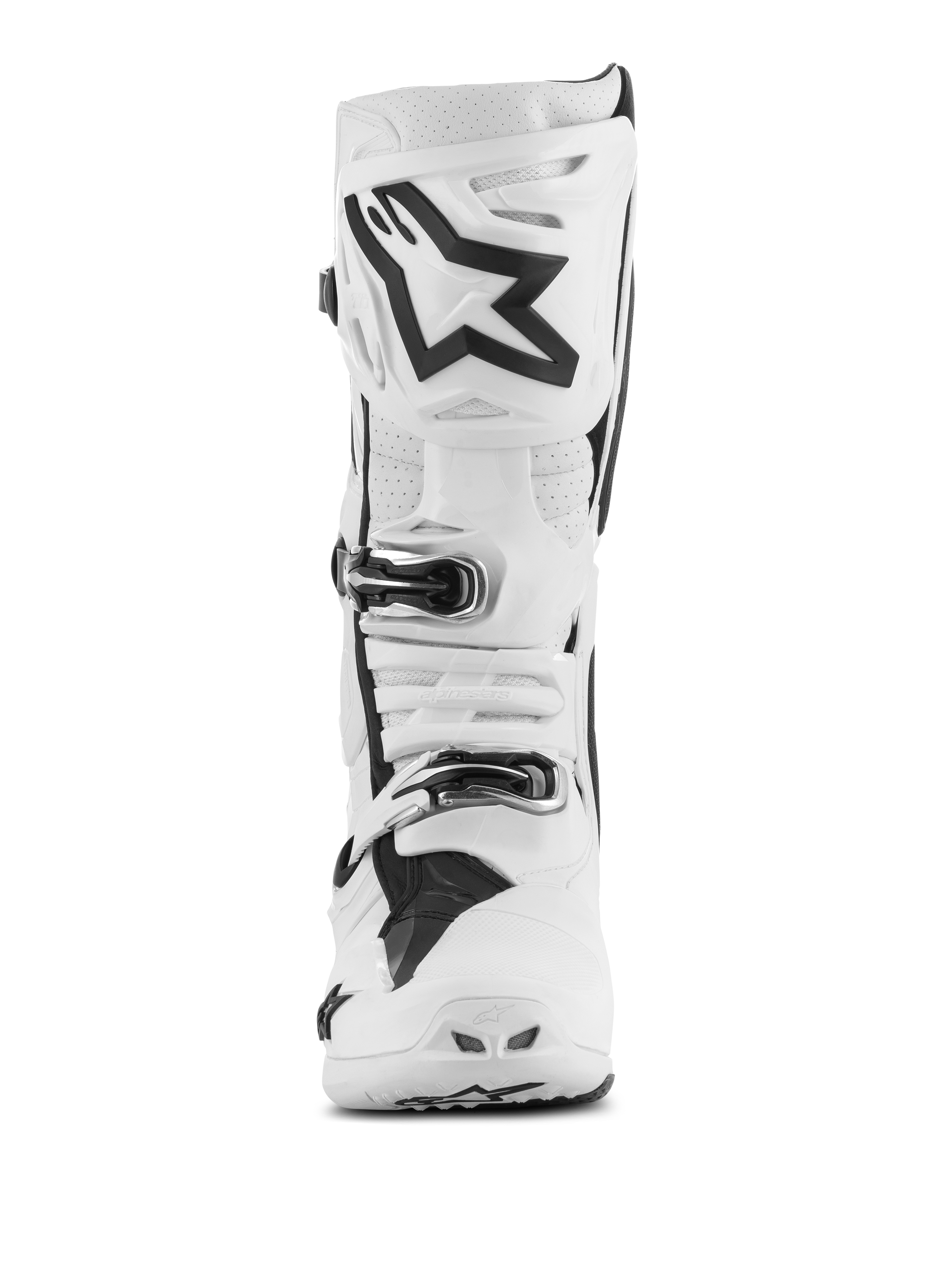 Alpinestars Tech 10 Supervented laarzen, motorcrosslaarzen, wit met zwarte accenten, vooraanzicht met groot zwart Astar-logo op de scheenplaat, gespsluitingssysteem, geperforeerde secties voor ventilatie