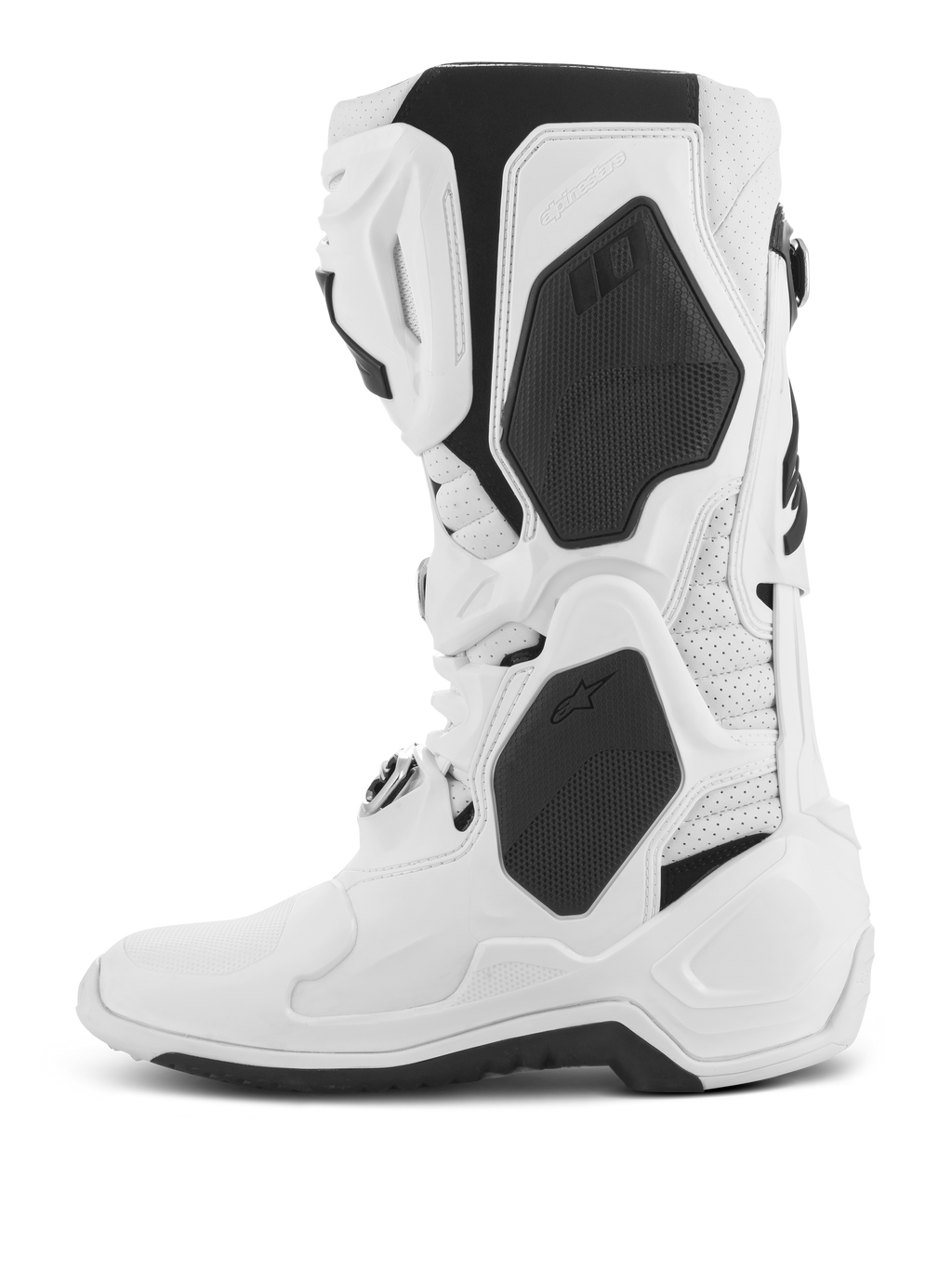 Alpinestars Tech 10 Supervented laarzen, motorcrosslaarzen, wit, zijaanzicht, voorzien van zwarte TPU-panelen en geperforeerde microvezelconstructie, geventileerde scheenplaat voor een hoge luchtstroom, professioneel schoeisel voor off-road racing