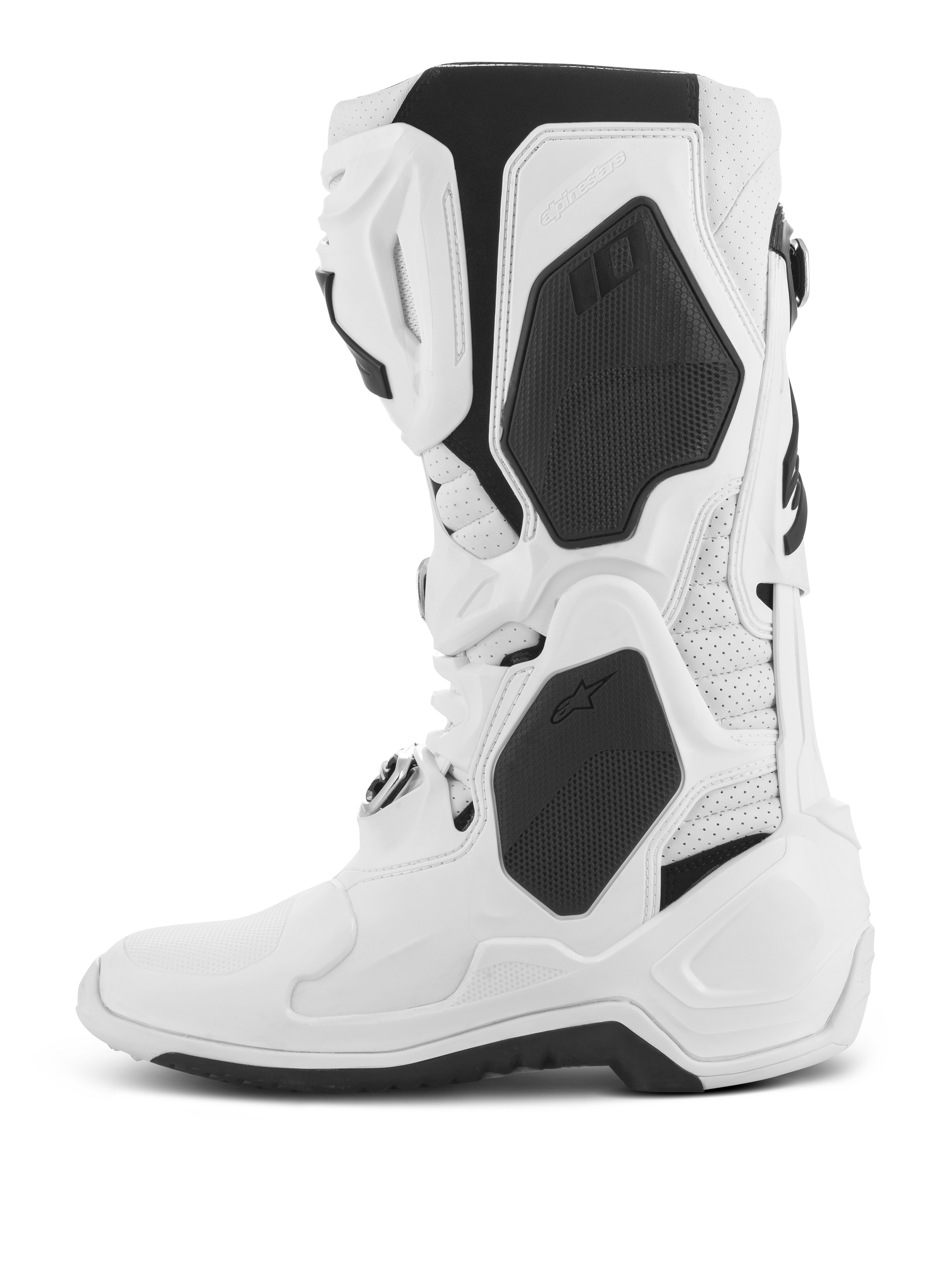 Alpinestars Tech 10 Supervented laarzen, motorcrosslaarzen, wit, zijaanzicht, voorzien van zwarte TPU-panelen en geperforeerde microvezelconstructie, geventileerde scheenplaat voor een hoge luchtstroom, professioneel schoeisel voor off-road racing