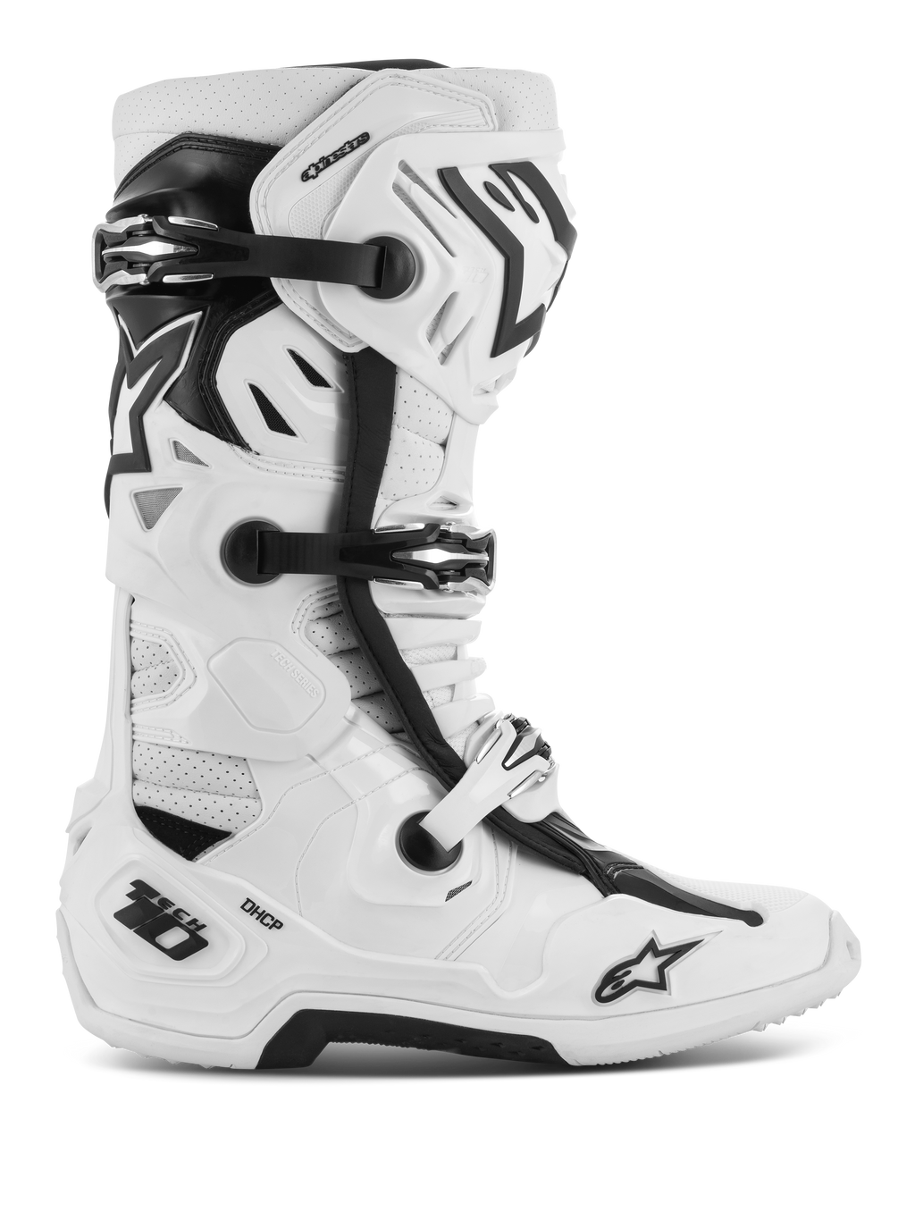 Alpinestars Tech 10 Supervented laarzen, motorcross off-road laarzen, wit en zwart, voorzien van meerdere verstelbare gespen, geperforeerde ventilatiepanelen en een robuust beschermend hoog model