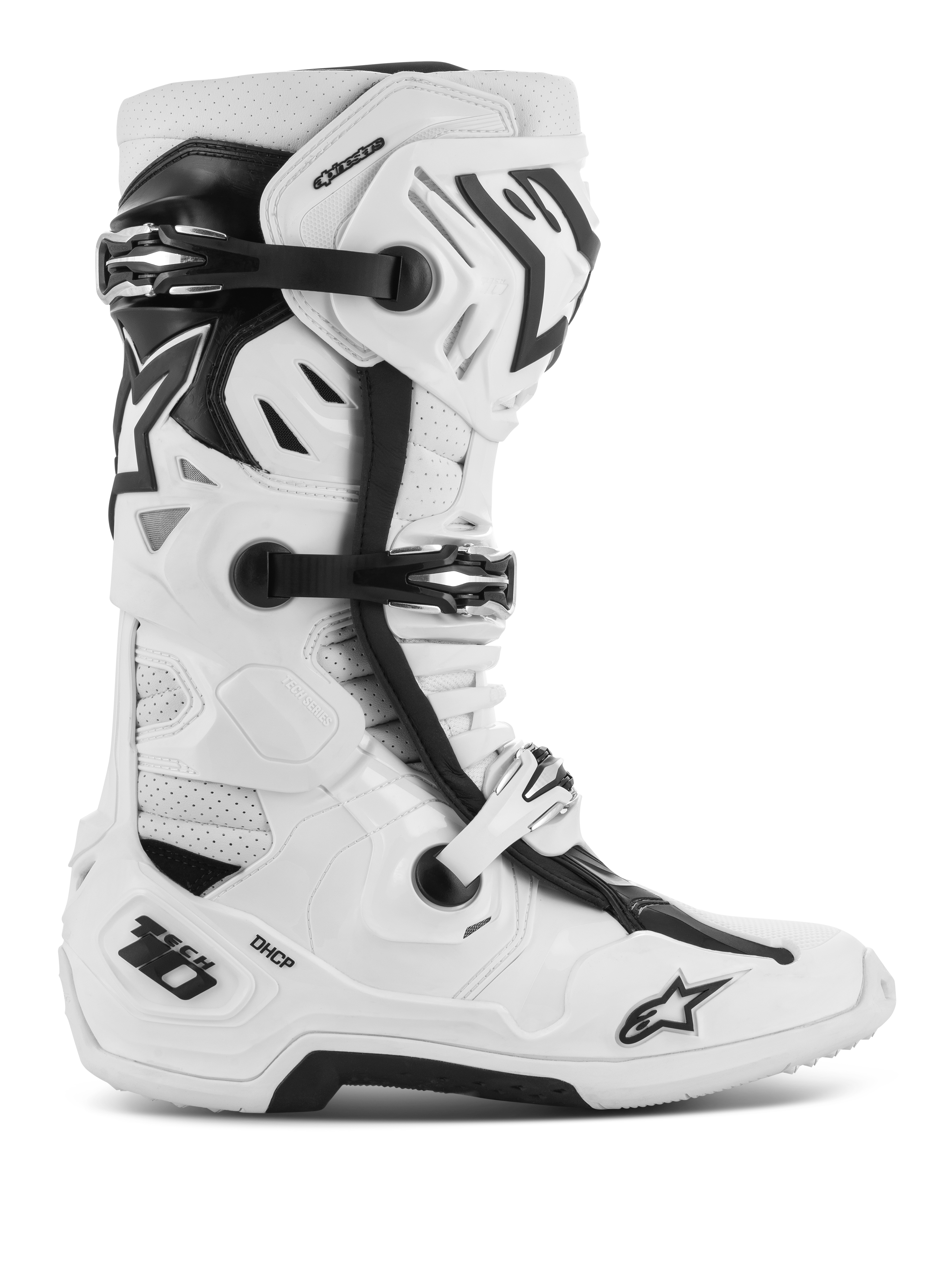 Alpinestars Tech 10 Supervented laarzen, motorcross off-road laarzen, wit en zwart, voorzien van meerdere verstelbare gespen, geperforeerde ventilatiepanelen en een robuust beschermend hoog model