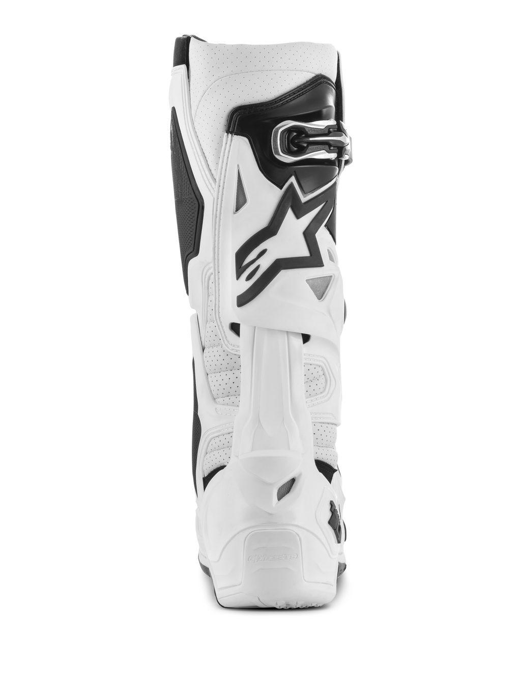 Alpinestars Tech 10 Supervented laarzen, witte motorcrosslaarzen, achteraanzicht met geperforeerde microvezel voor luchtstroom, wit TPU-achterbladsysteem, zwart ster-logo en veilige gespsluiting, hoogwaardig off-road schoeisel