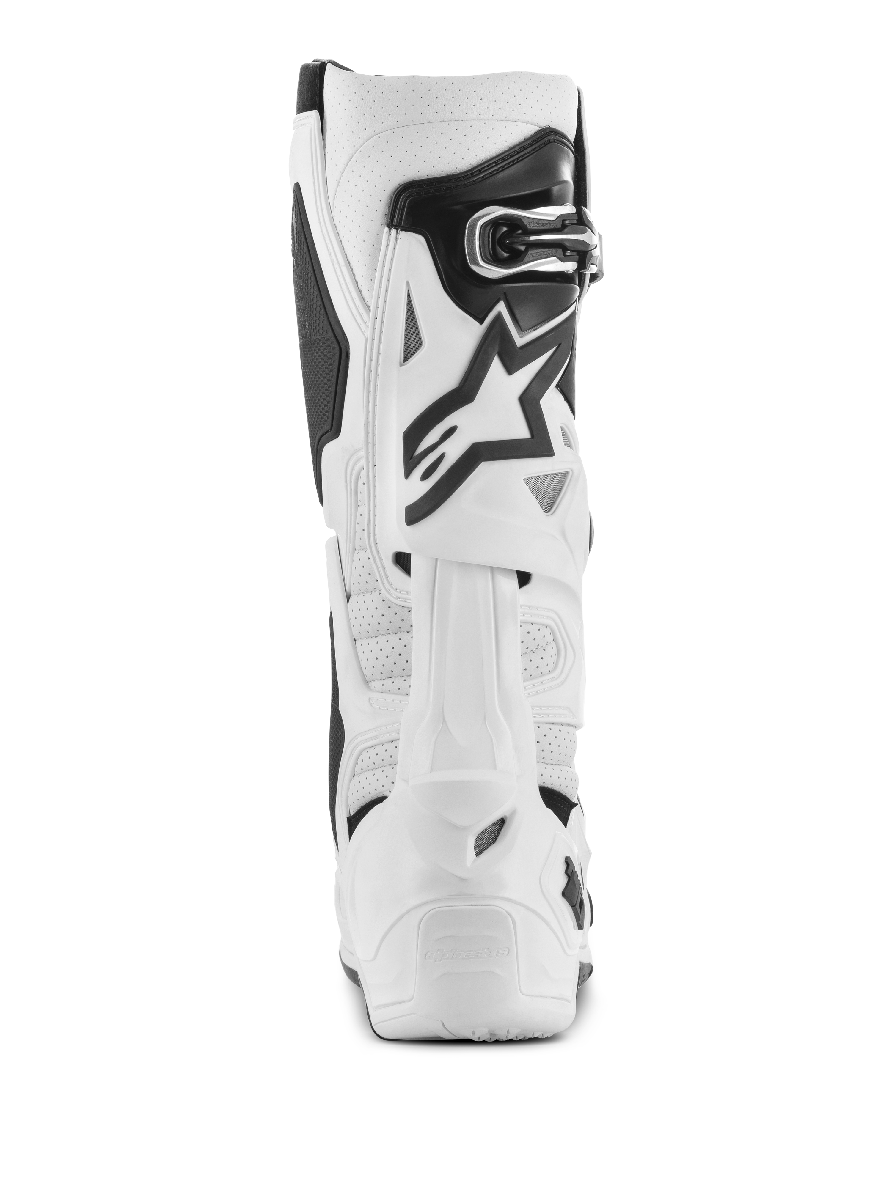 Alpinestars Tech 10 Supervented laarzen, witte motorcrosslaarzen, achteraanzicht met geperforeerde microvezel voor luchtstroom, wit TPU-achterbladsysteem, zwart ster-logo en veilige gespsluiting, hoogwaardig off-road schoeisel