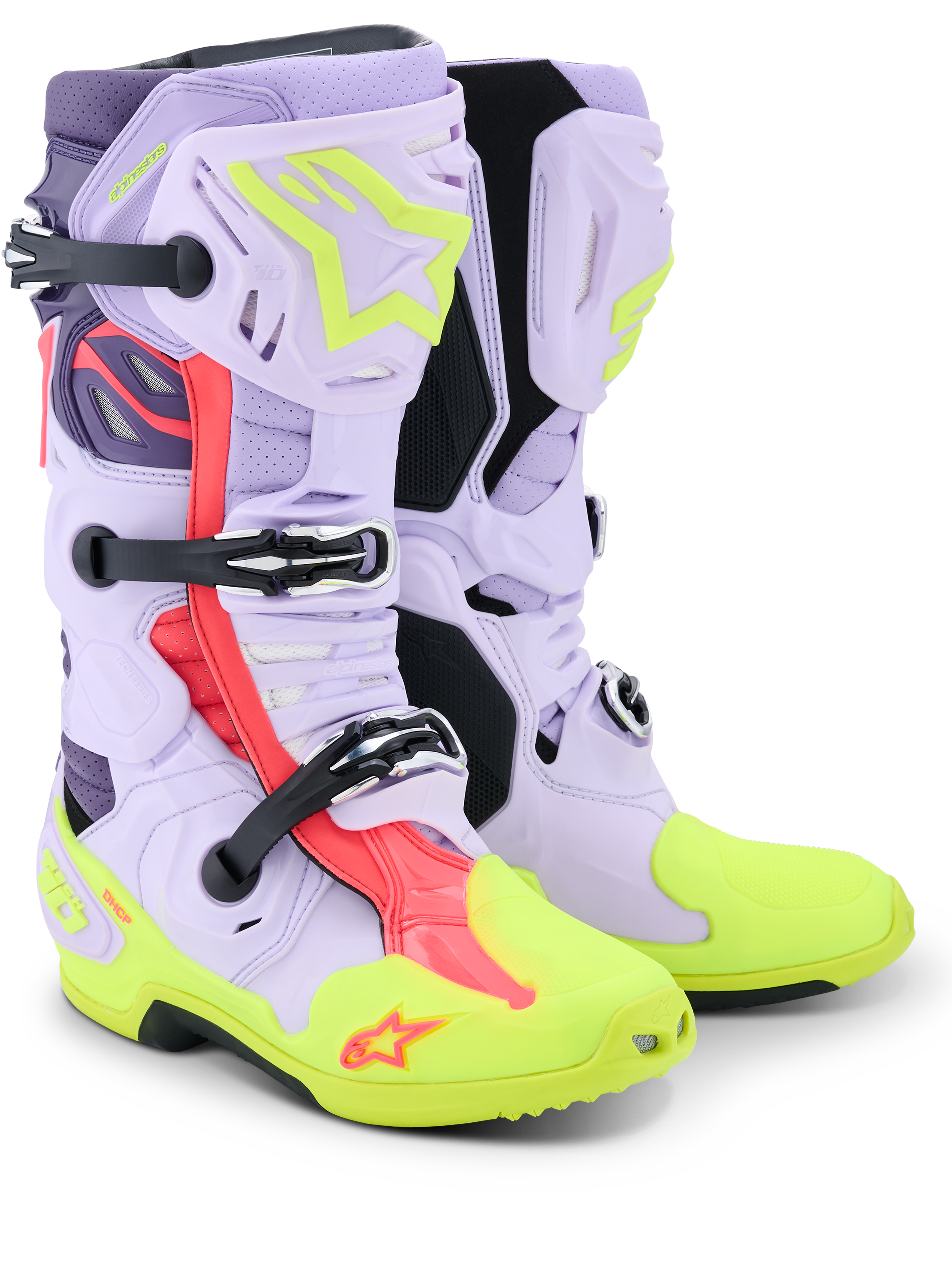 Alpinestars Tech 10 Supervented laarzen, motorcrosslaarzen, paars, neongeel en Diva Pink, voorzien van een geperforeerde microvezelconstructie voor maximale luchtstroom, mechanisch gespsysteem, fel neongele neus en zool en opvallende roze accenten.