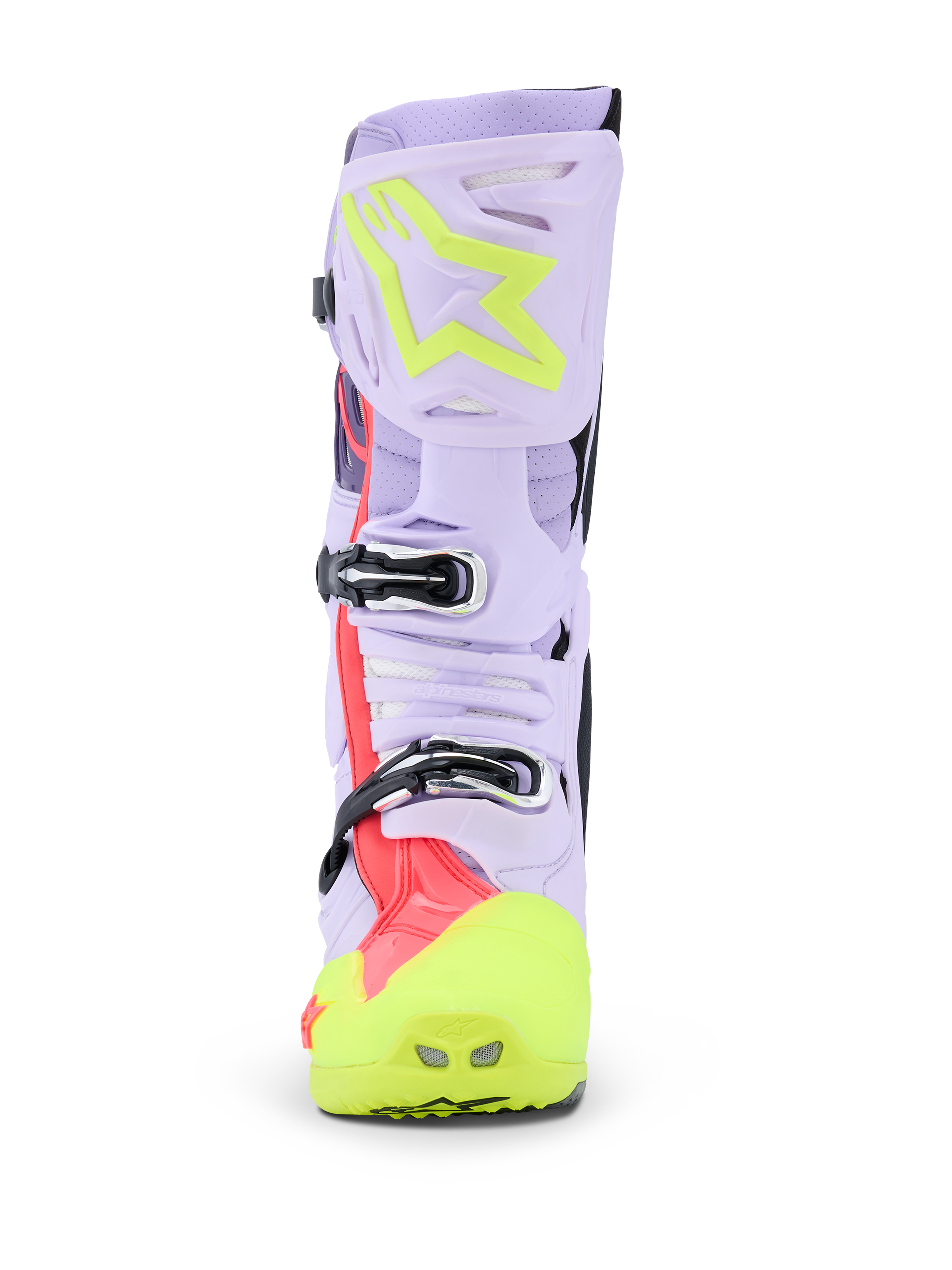Alpinestars Tech 10 Supervented laarzen, motocrosslaarzen, Paars, Fluo Geel en Diva Pink, vooraanzicht met focus op het gespsysteem en de geventileerde scheenplaat, professionele off-road laarzen met geperforeerd microfiber bovenwerk
