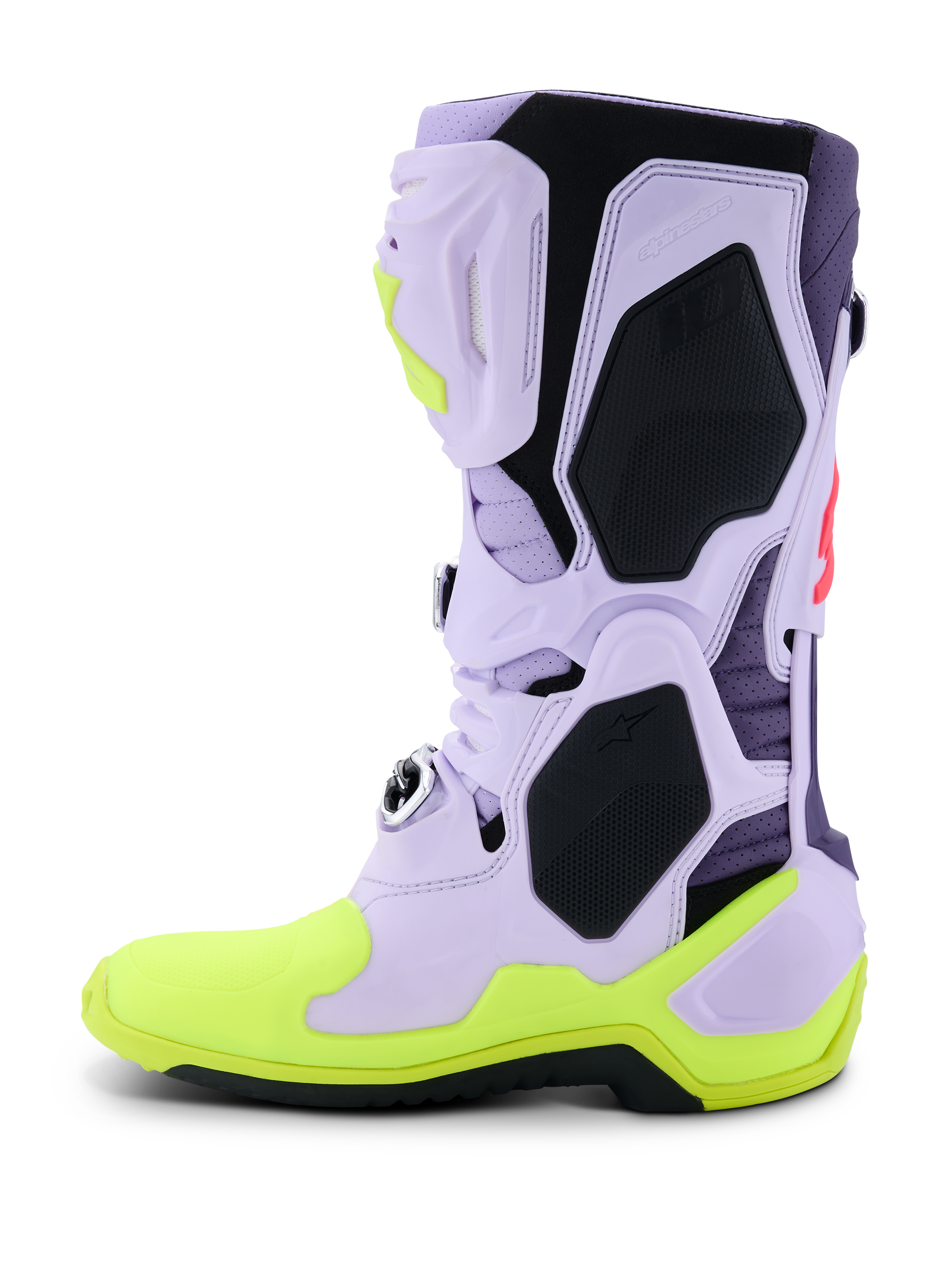 Alpinestars Tech 10 Supervented laarzen, motorcrosslaarzen, Purple Yellow Fluo en Diva Pink, zijaanzicht met geperforeerd lavendelkleurig microvezel bovenwerk, zwarte TPU-beschermingspanelen en neongele zool, hoogwaardig geventileerd schoeisel voor off-road racing