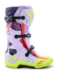 Alpinestars Tech 10 Supervented laarzen, motocross racelaarzen, paars, fluogeel en Diva Pink, zijaanzicht met verstelbare zwarte gespen, geventileerde microvezel panelen, versterkte neongele zool en hoogwaardige beschermende schaal