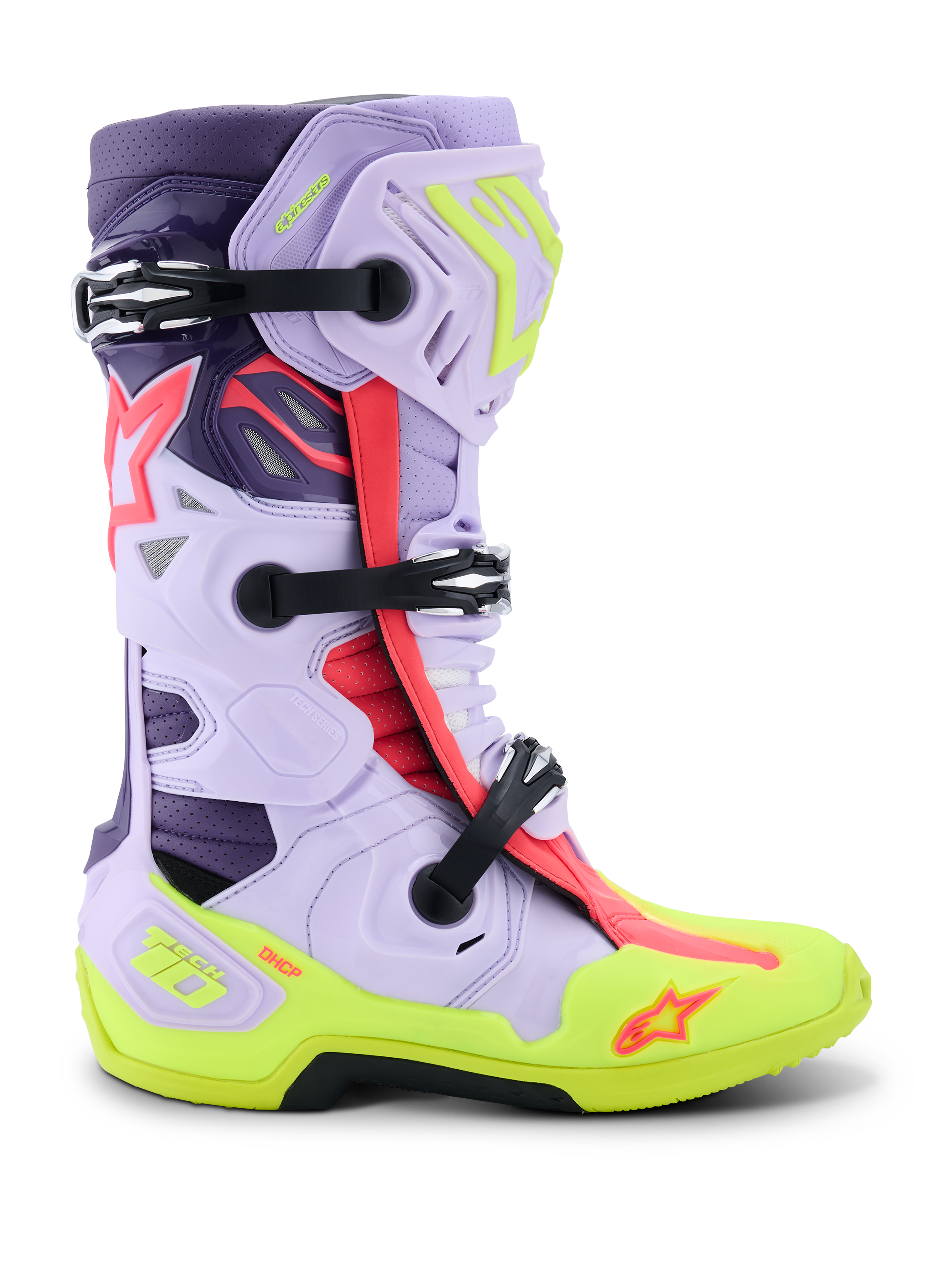 Alpinestars Tech 10 Supervented laarzen, motocross racelaarzen, paars, fluogeel en Diva Pink, zijaanzicht met verstelbare zwarte gespen, geventileerde microvezel panelen, versterkte neongele zool en hoogwaardige beschermende schaal