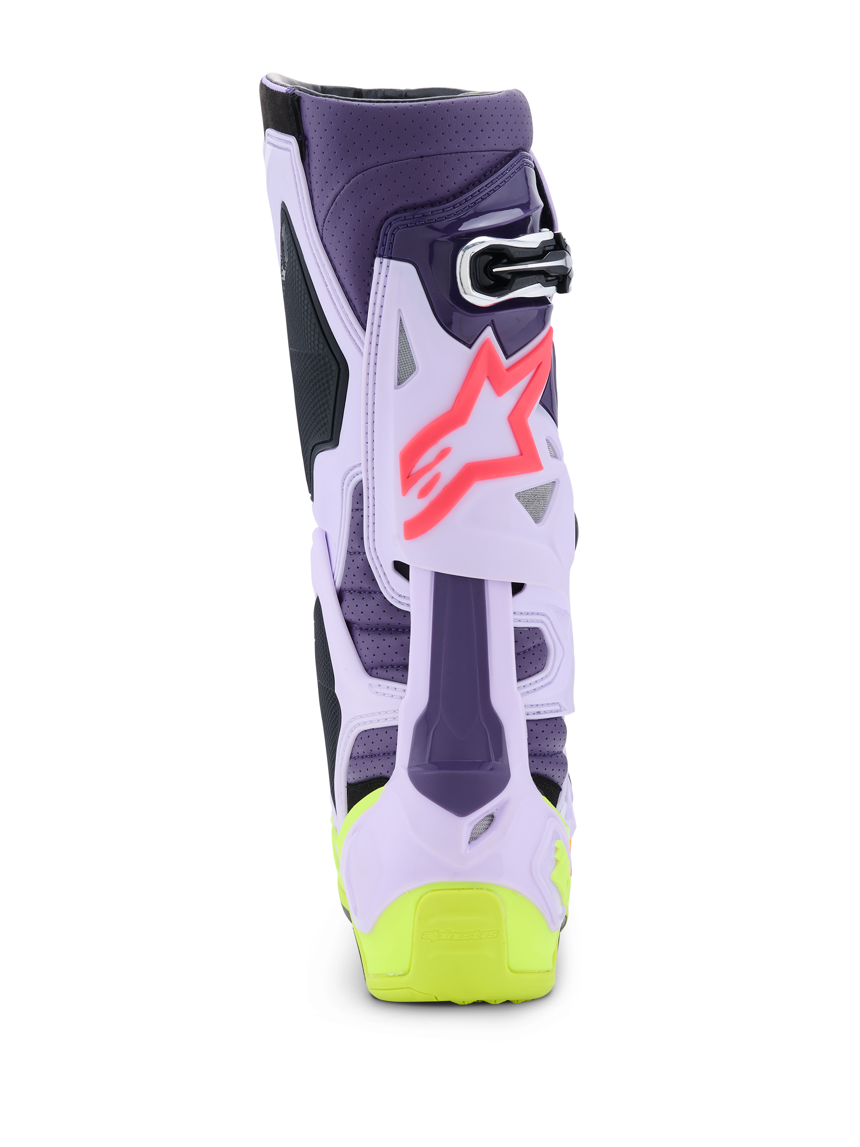 Alpinestars Tech 10 Supervented laarzen, achteraanzicht, kleurstelling in paars, fluor geel en Diva Pink, voorzien van geventileerde TPU-structuur, roze sterlogo en felgeel hielaccent, professionele motorcrosslaarzen