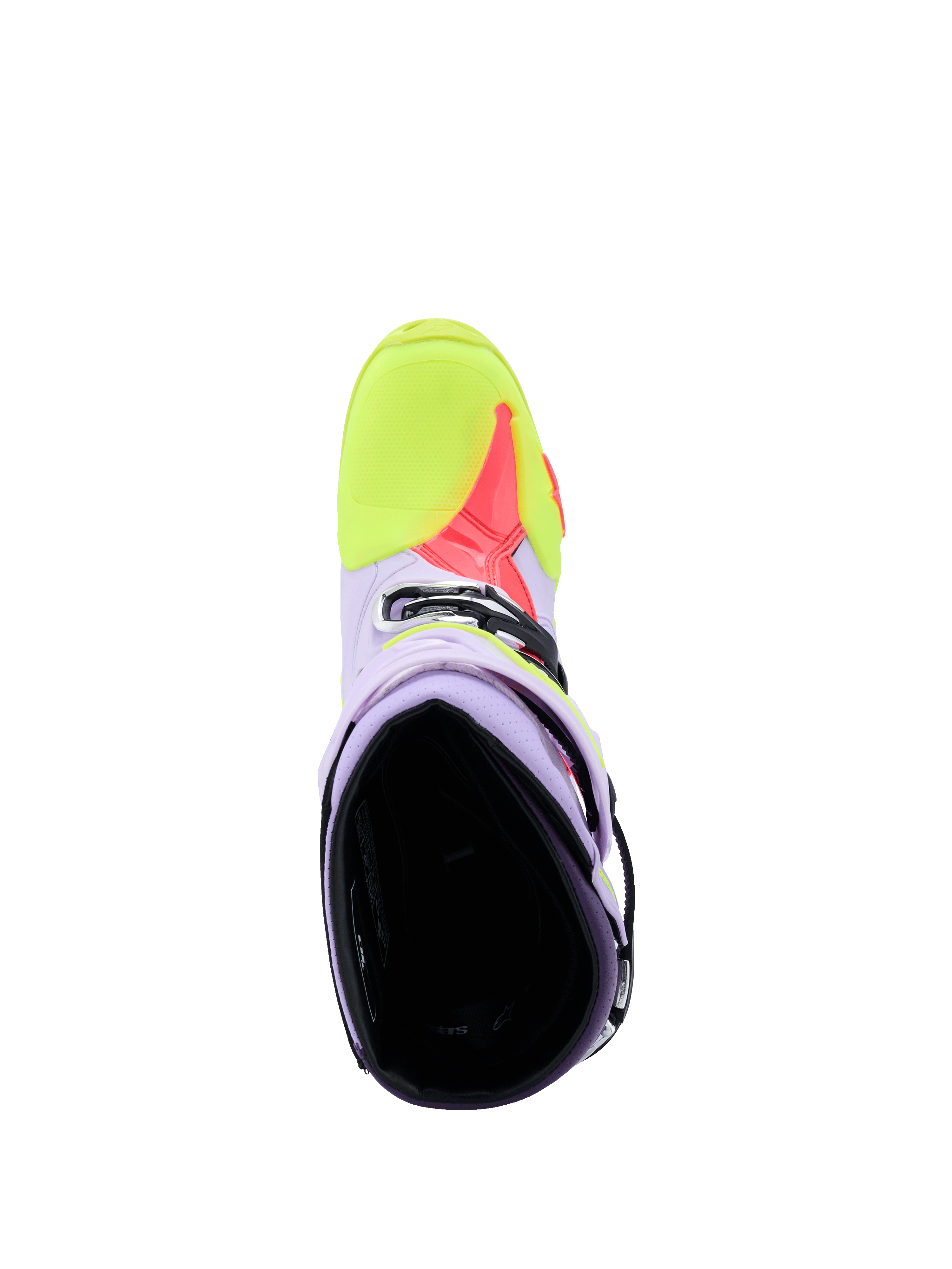 Alpinestars Tech 10 Supervented laarzen in paars, geel fluo en diva roze, bovenaanzicht van de binnenkant met geperforeerde microvezelconstructie voor luchtstroom, high-performance motorcrosslaarzen.