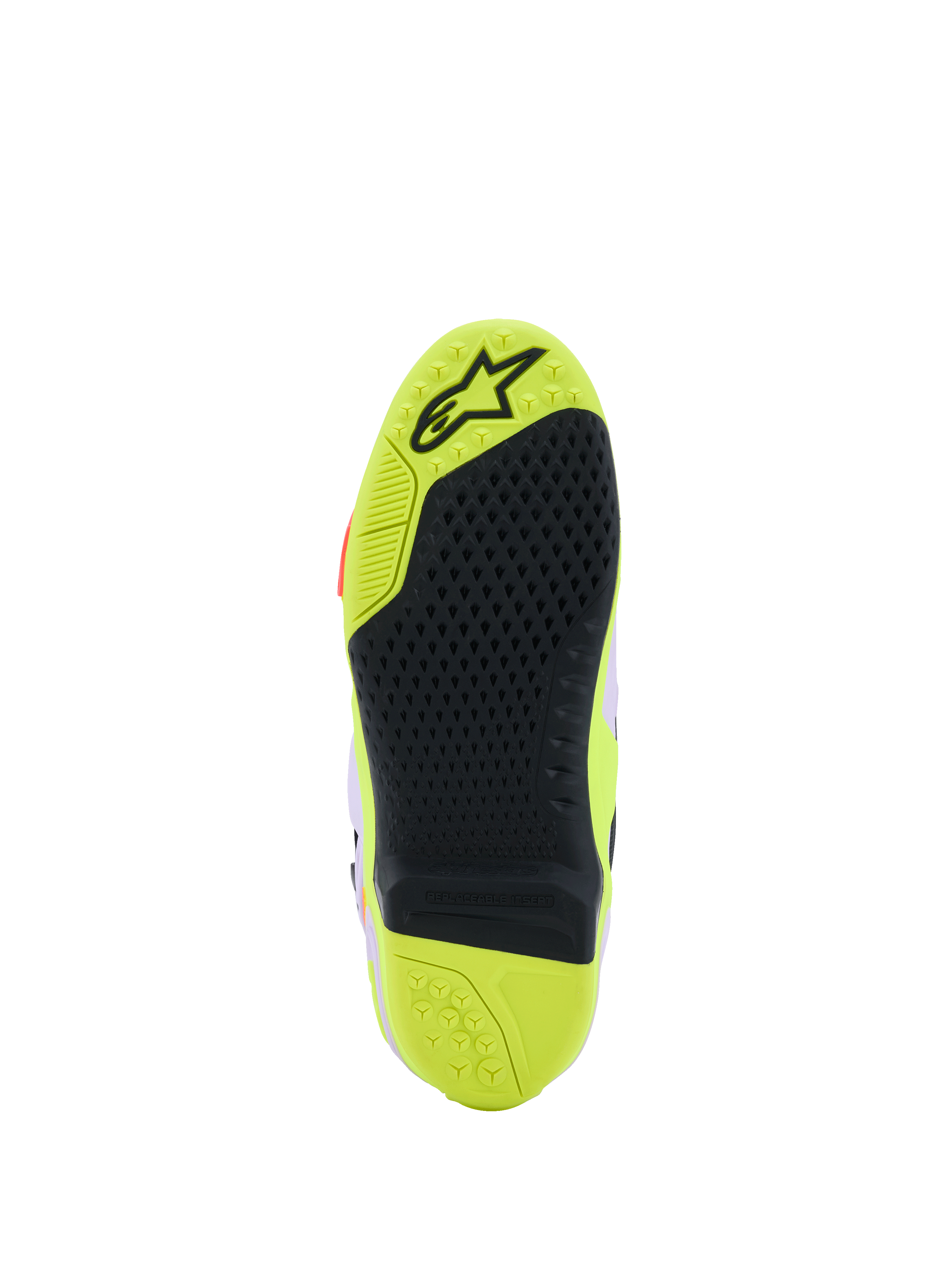 Alpinestars Tech 10 Supervented Boots, detailweergave van de zool, Yellow Fluo en zwart, voorzien van een honingraat grippatroon, vervangbaar centraal inzetstuk en getextureerd oppervlak voor grip op de voetsteunen