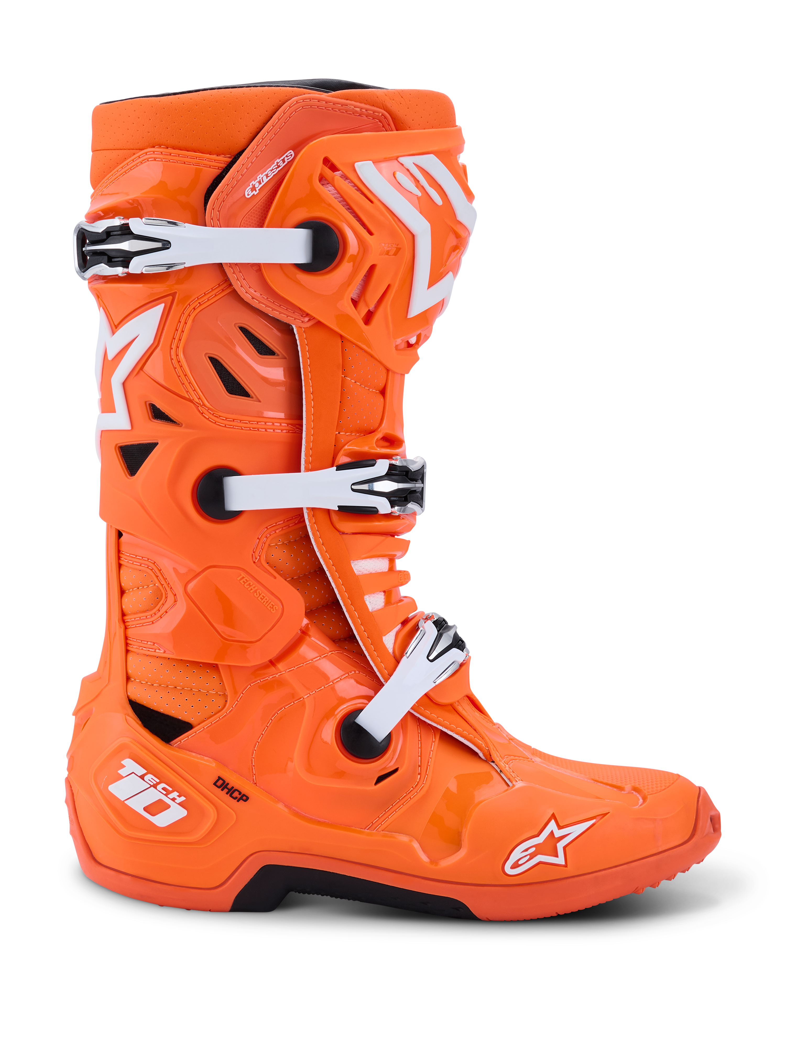 Alpinestars Tech 10 Supervented Boots, Motocross Boots, Orange Fluo and White, profile view showing white mechanical buckles and black accents, ventilated design with perforated panels, premium protective racing footwear