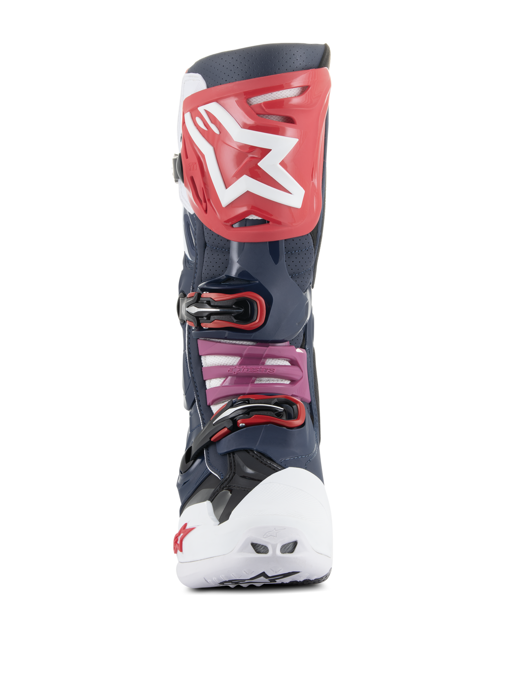 Alpinestars Tech 10 Supervented laarzen, motorcross laarzen, Night Navy White Rainbow, vooraanzicht met een rode scheenplaat met wit logo, witte geventileerde teenkap en donkerblauwe geperforeerde microvezelconstructie voor maximale ventilatie.