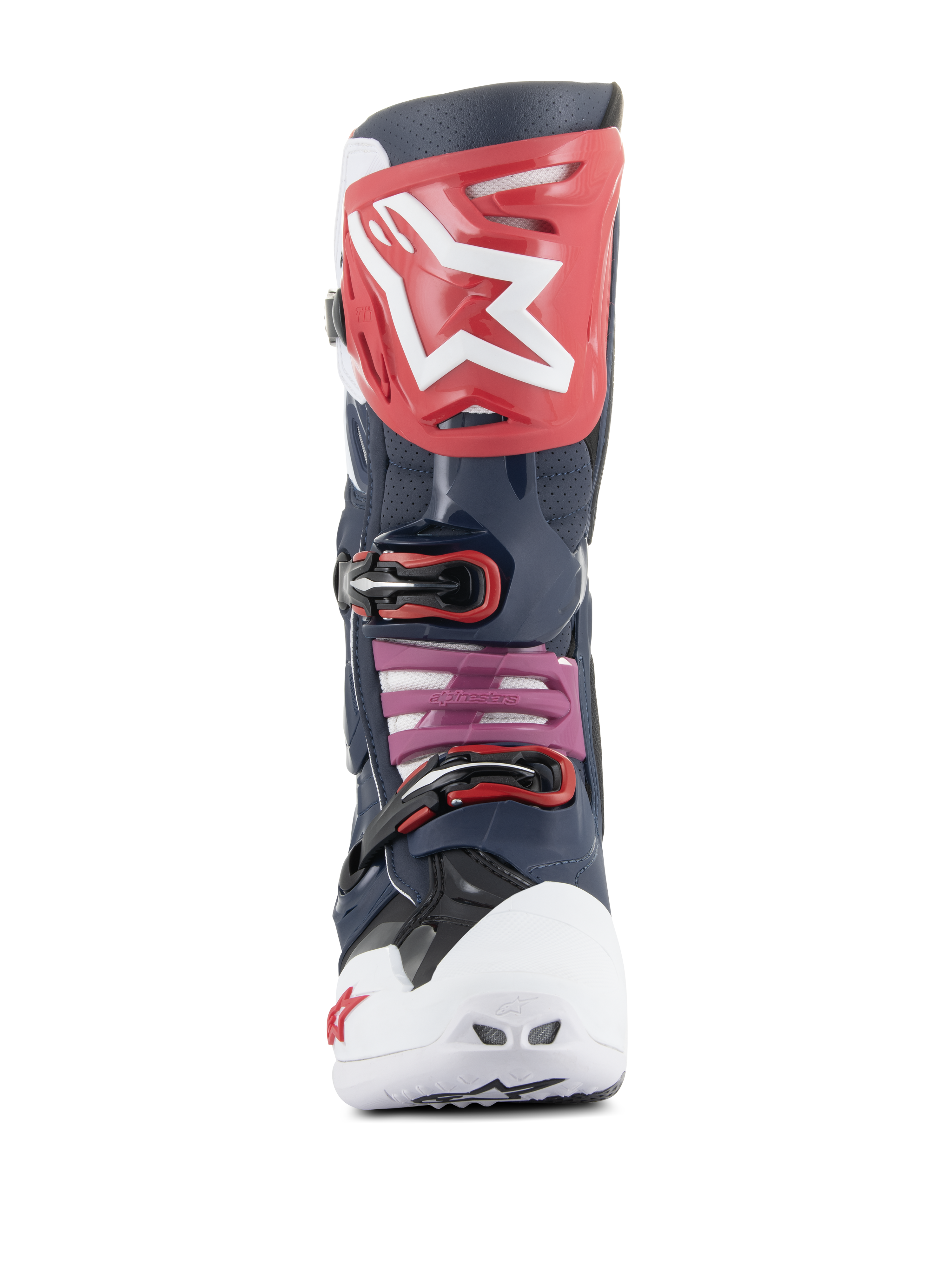 Alpinestars Tech 10 Supervented laarzen, motorcross laarzen, Night Navy White Rainbow, vooraanzicht met een rode scheenplaat met wit logo, witte geventileerde teenkap en donkerblauwe geperforeerde microvezelconstructie voor maximale ventilatie.